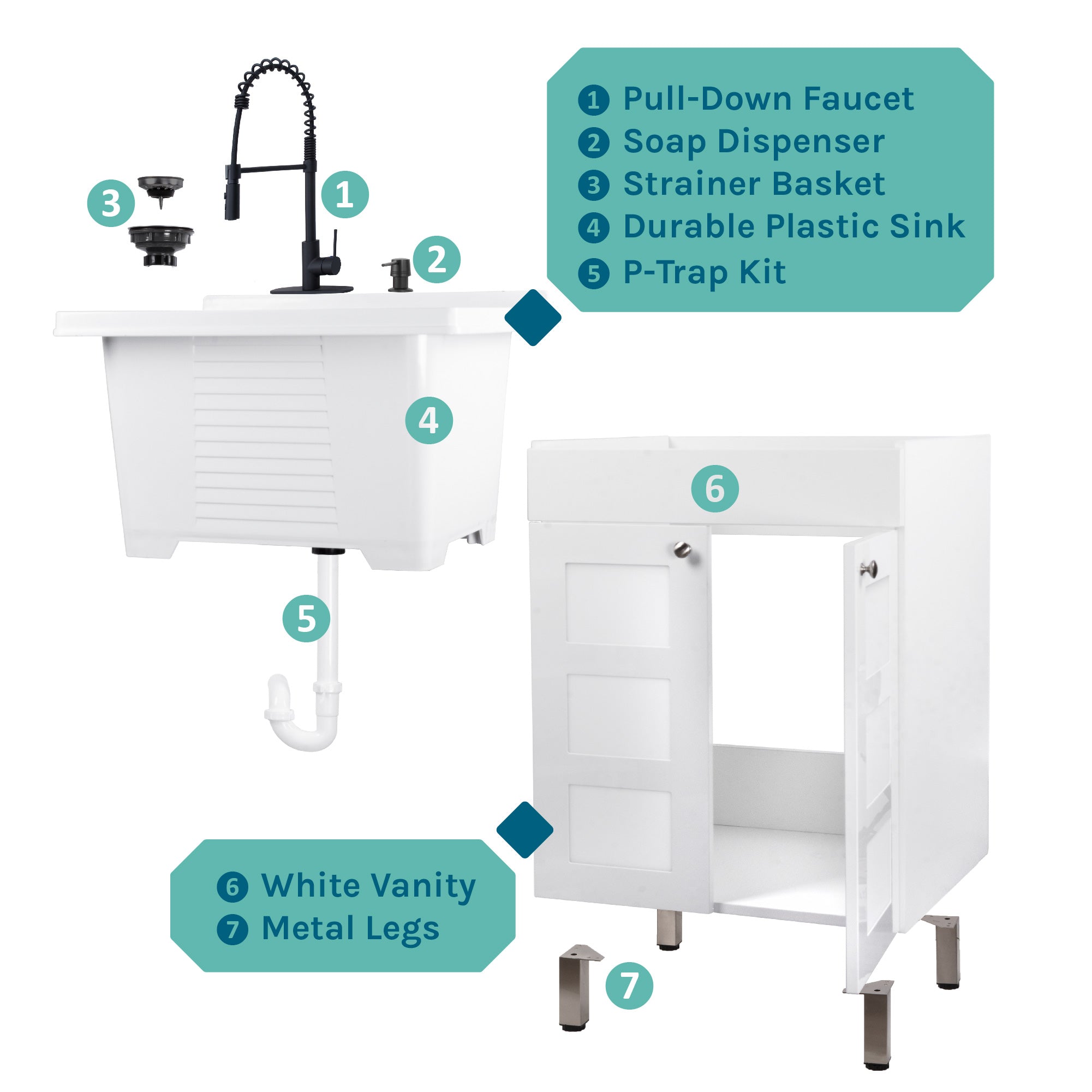 Tehila White Vanity Cabinet and White Utility Sink with Black Finish High-Arc Coil Pull-Down Faucet