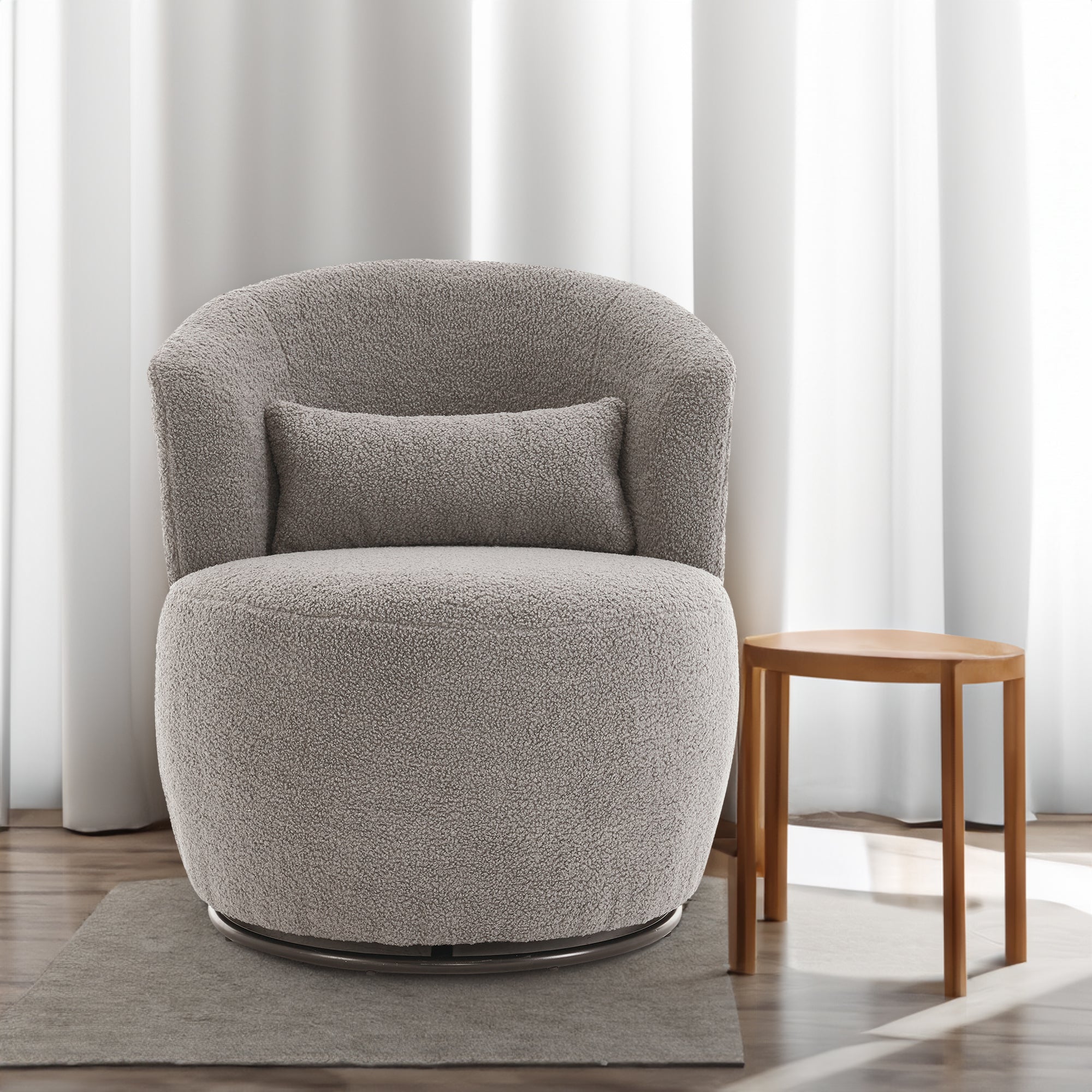 Grey Plush Swivel Accent Chair with 360° Metal Base