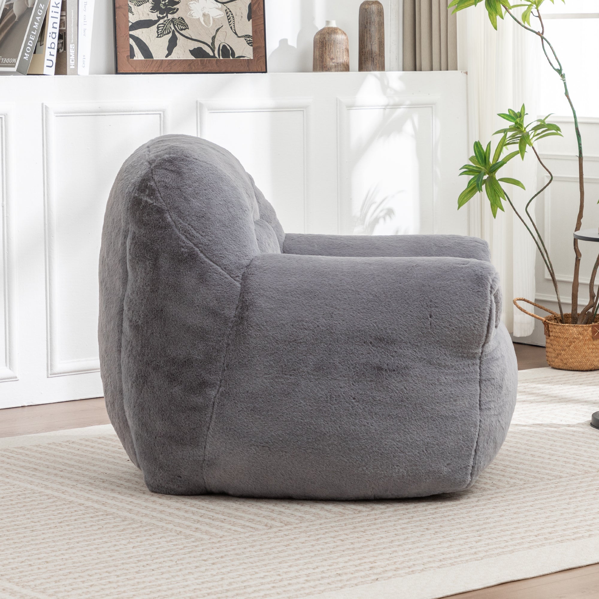 Grey Faux Fur Bean Bag Chair with Back Support for Adults & Kids