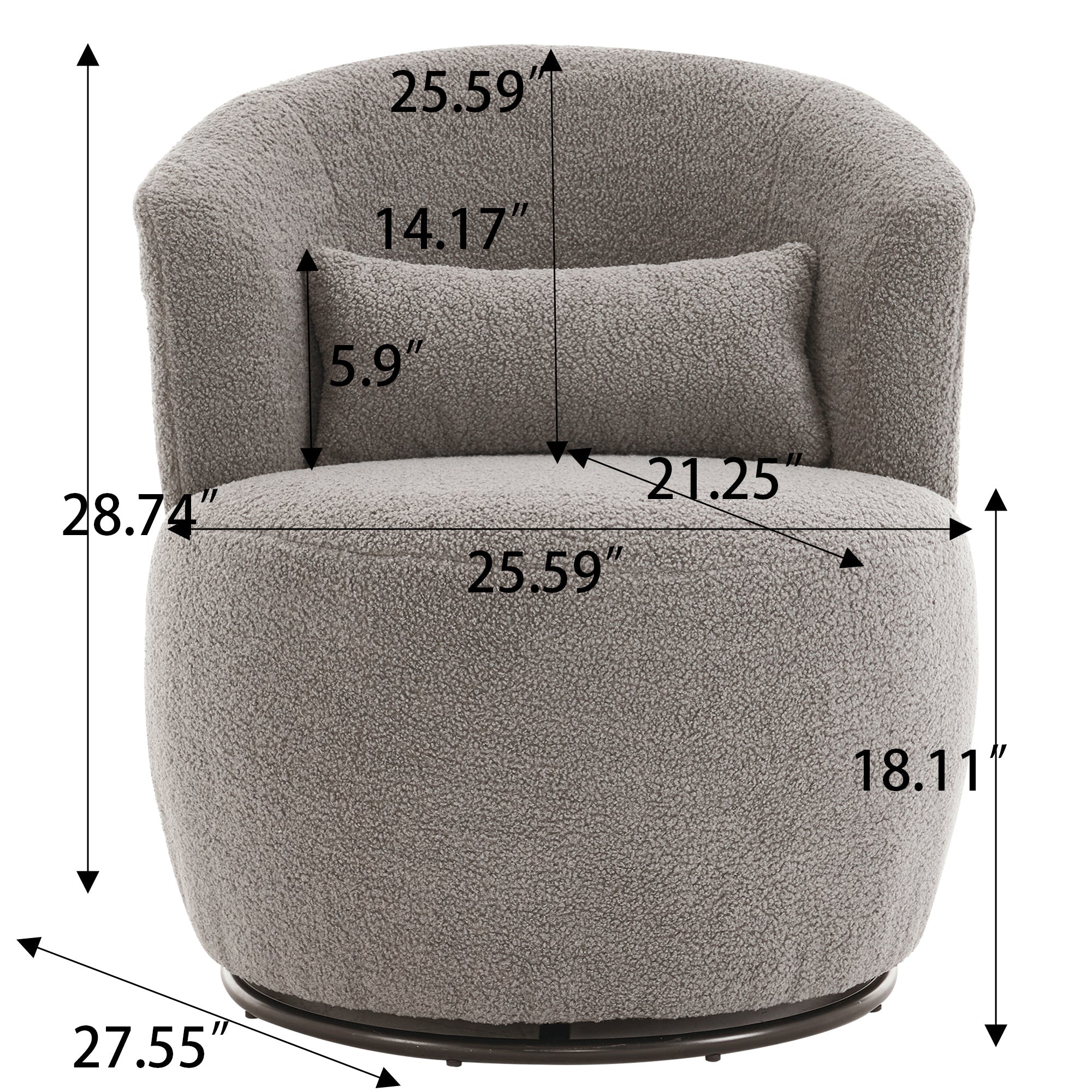 Grey Plush Swivel Accent Chair with 360° Metal Base