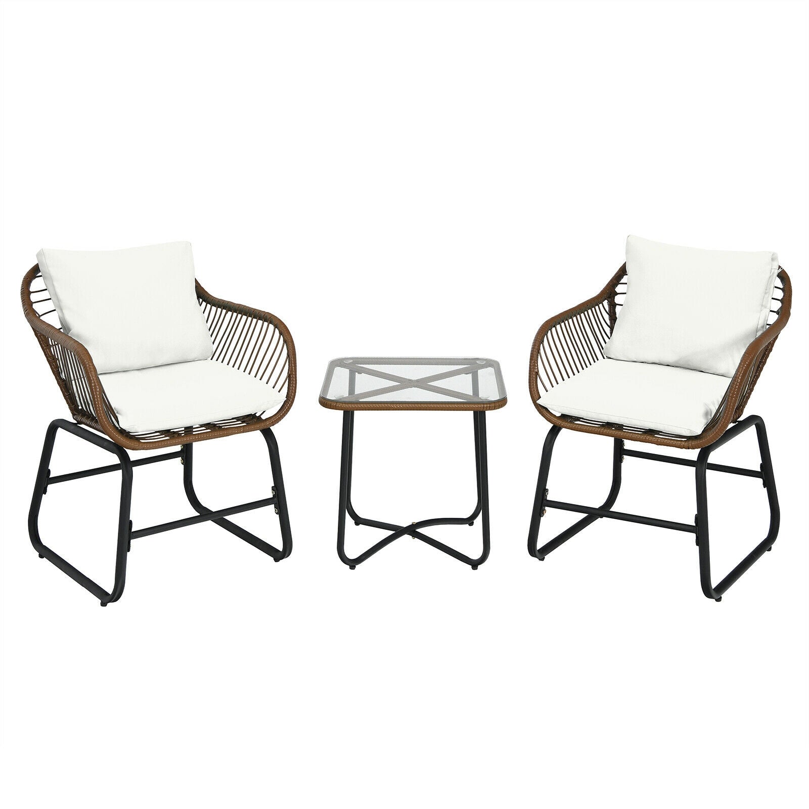 3 Pieces Patio Rattan Bistro Set Cushioned Chair Glass Table Deck-White