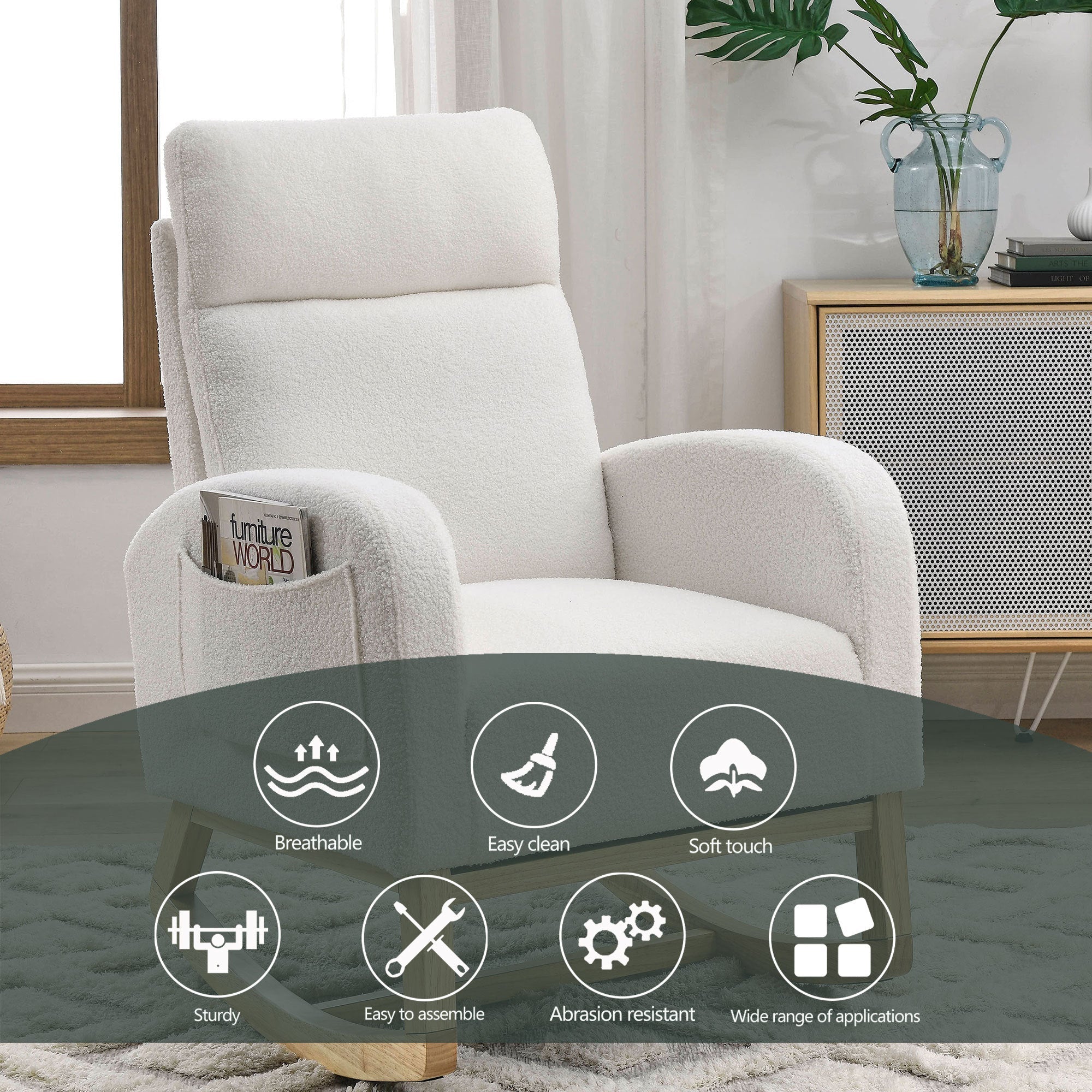27.6" Modern High Back Teddy White Rocking Lounge Chair with Pockets