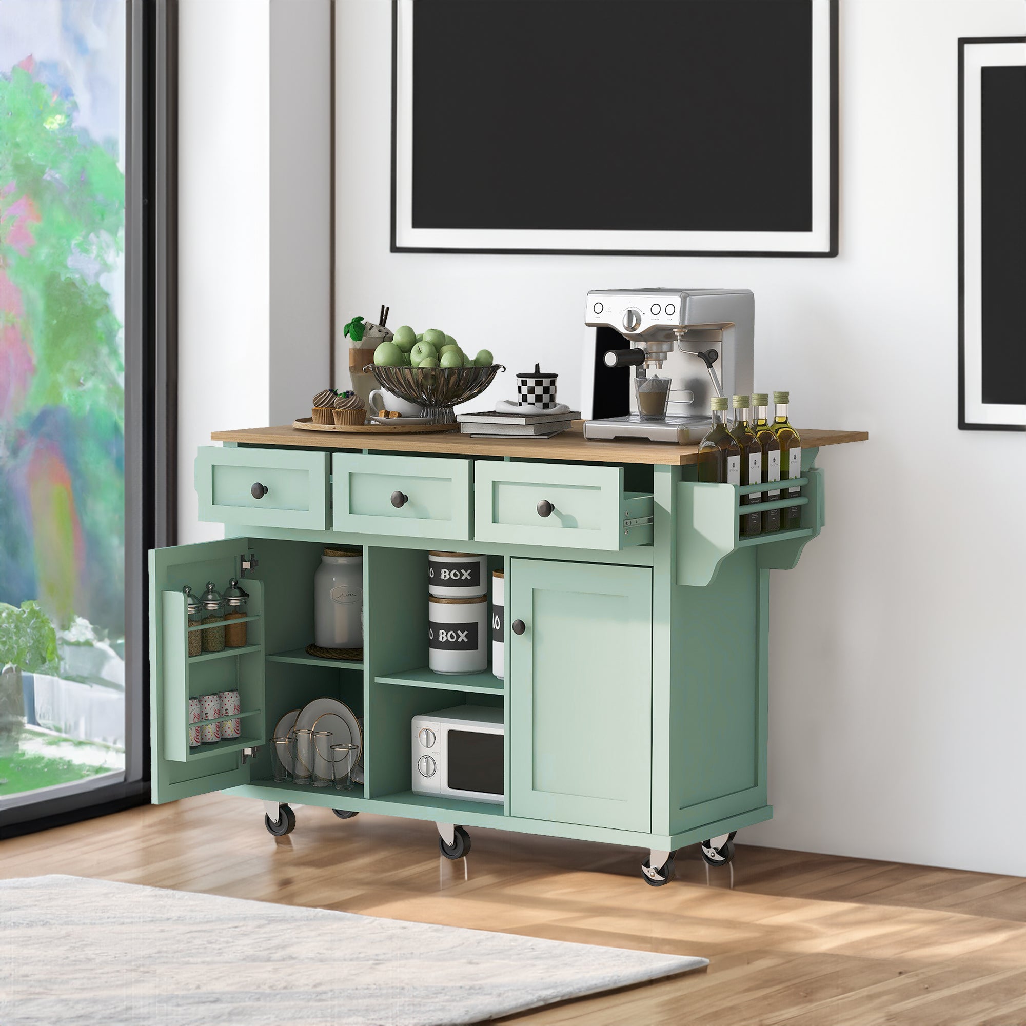 Mint Green Kitchen Trolley with Cabinet and 3 Dining Drawers