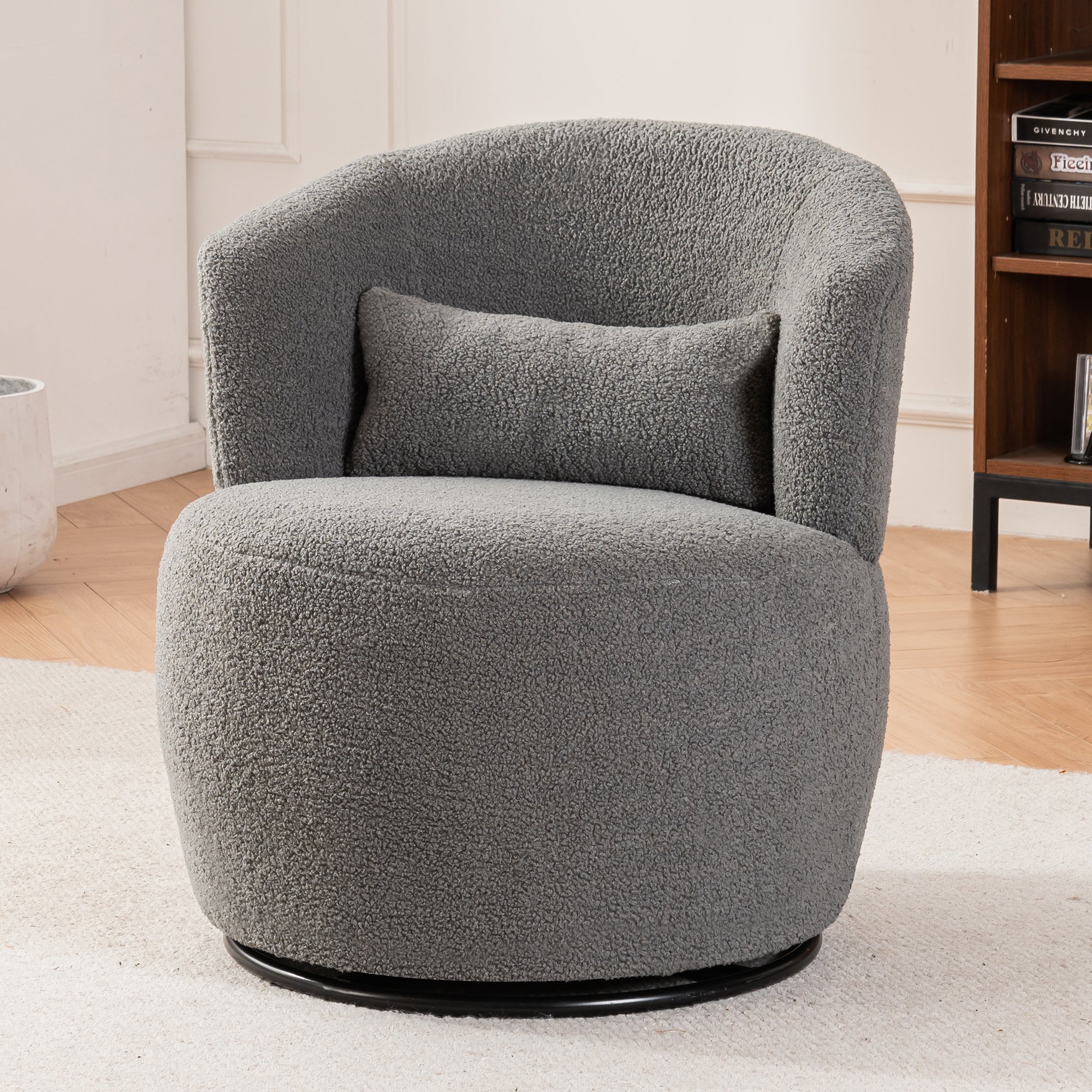 Grey Plush Swivel Accent Chair with 360° Metal Base