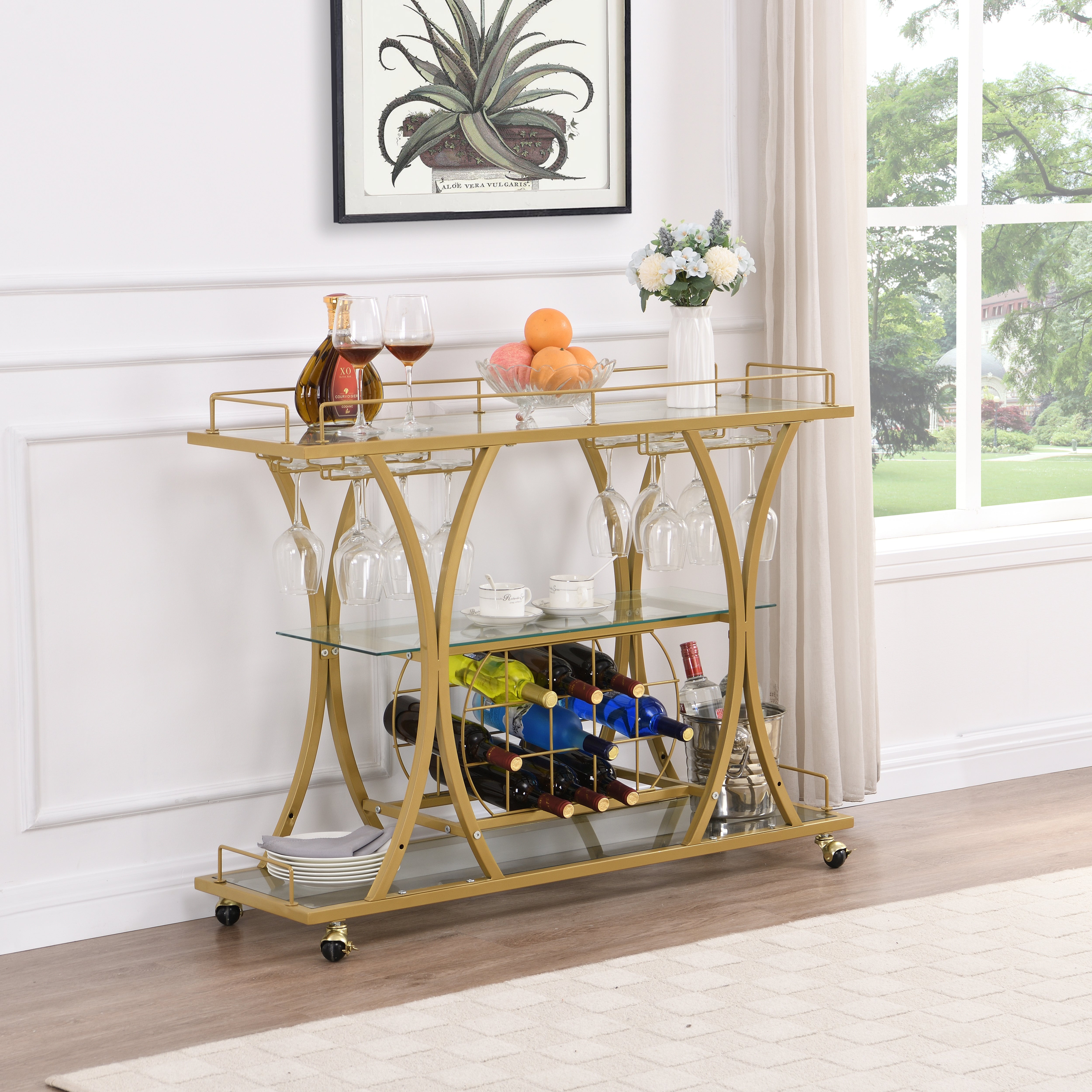 Golden Bar Cart with Wine Rack Tempered Glass Metal Frame