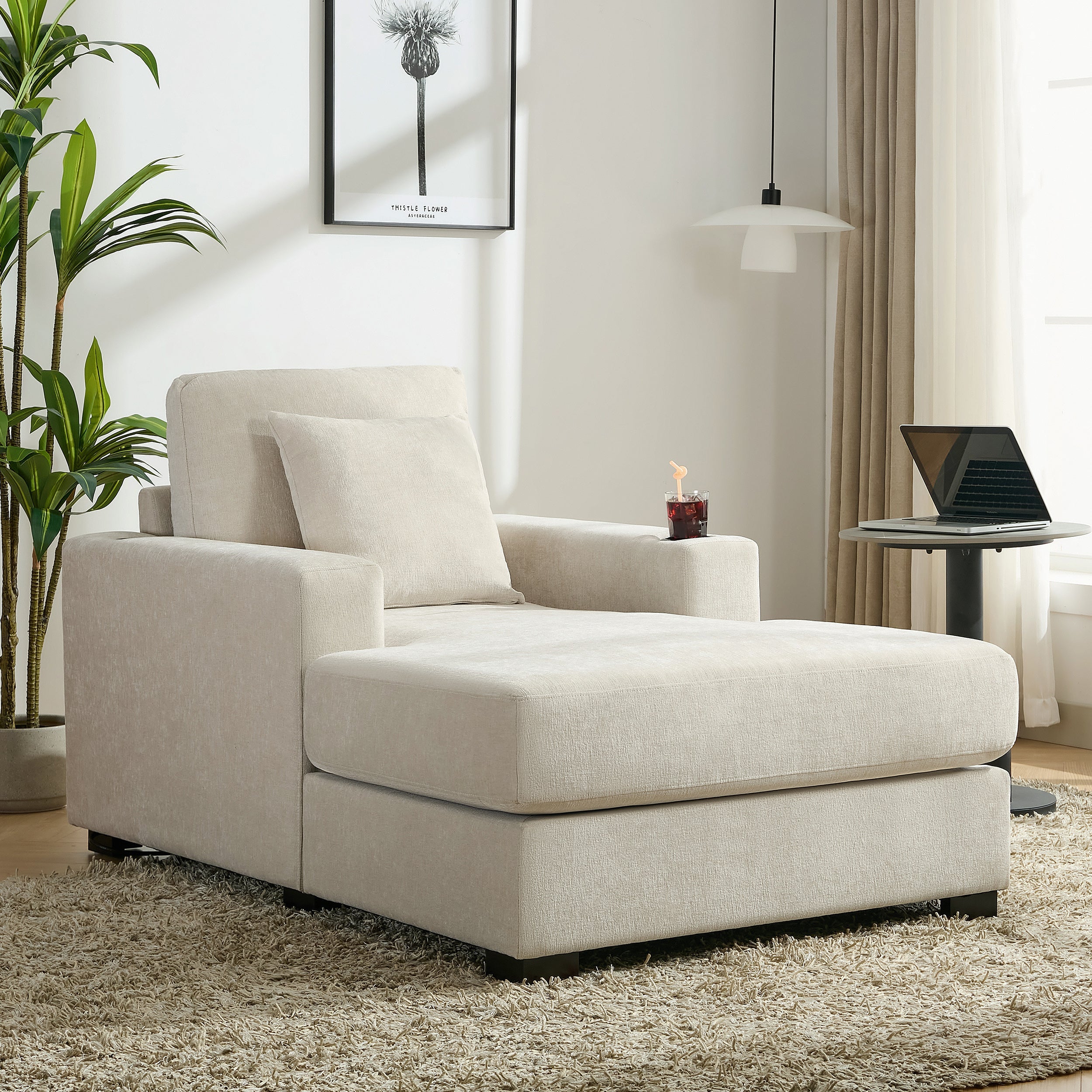 39.7" Oversized Chenille Chaise Lounger Sofa with Pillows & Cup Holders