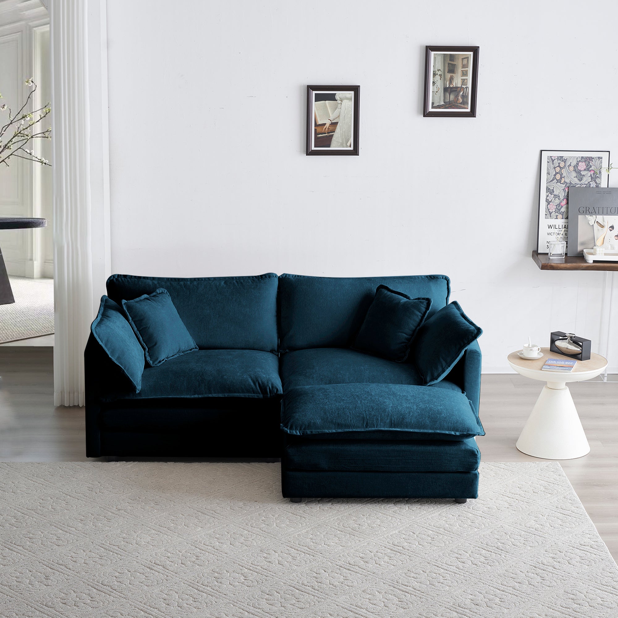 Blue L-Shaped Chenille 2-Seater Sofa with Ottoman and Foot Pedal