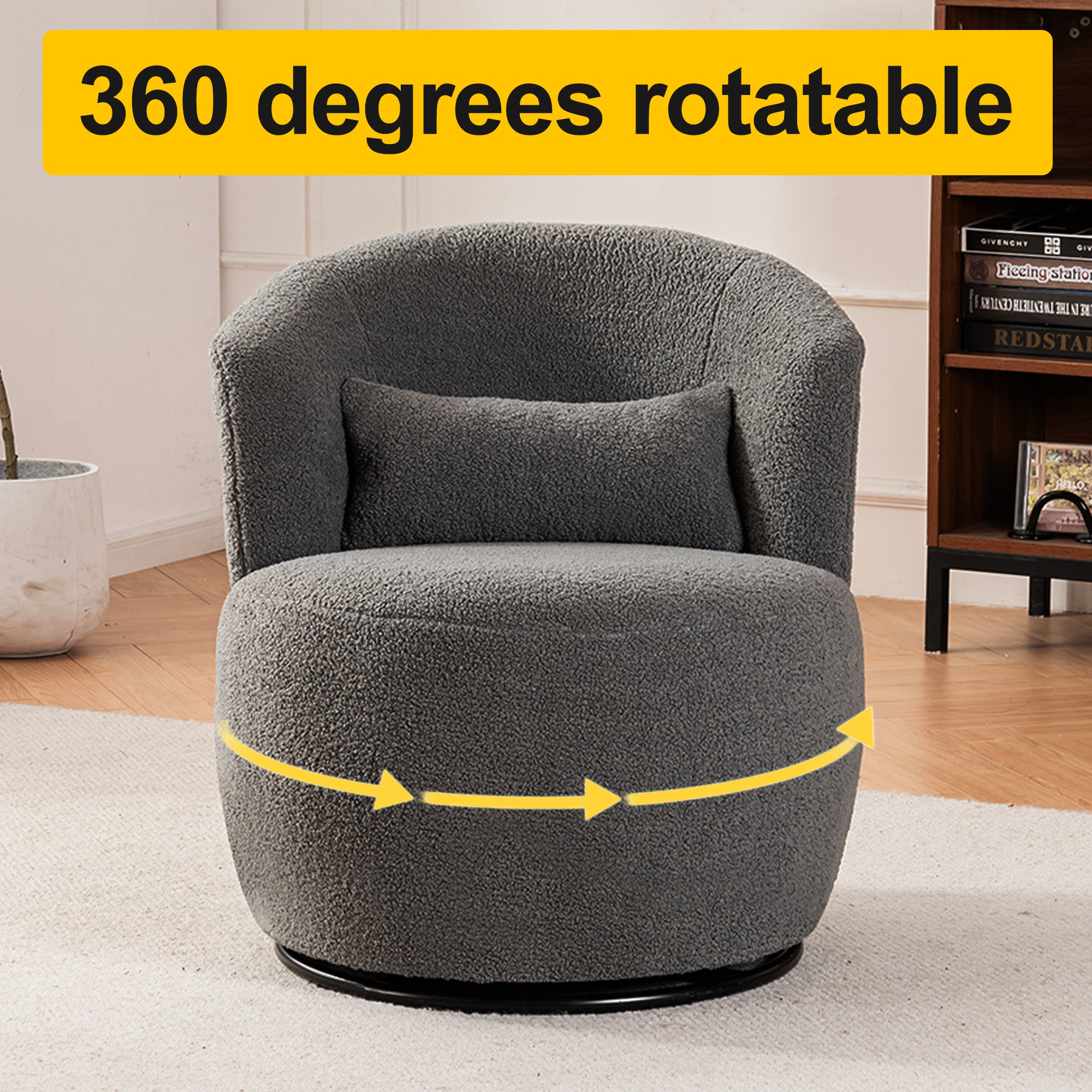 Grey Plush Swivel Accent Chair with 360° Metal Base