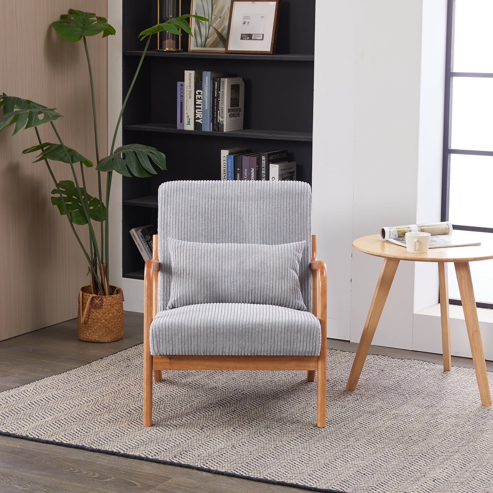 Mid-Century Modern Upholstered Arm Accent Chair with Pillow – Antique Dark Grey