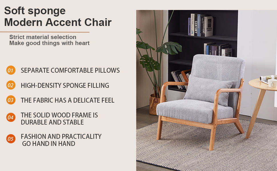Mid-Century Modern Upholstered Arm Accent Chair with Pillow – Antique Dark Grey