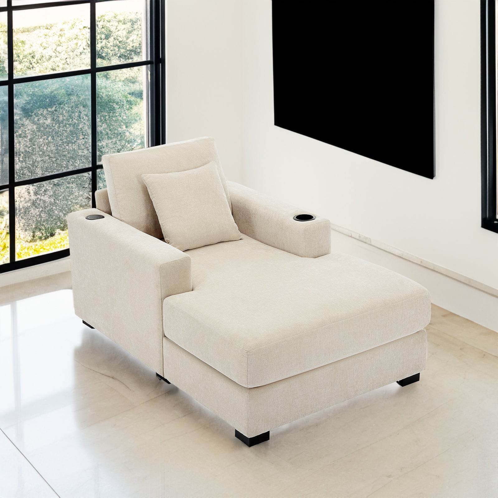39.7" Oversized Chenille Chaise Lounger Sofa with Pillows & Cup Holders