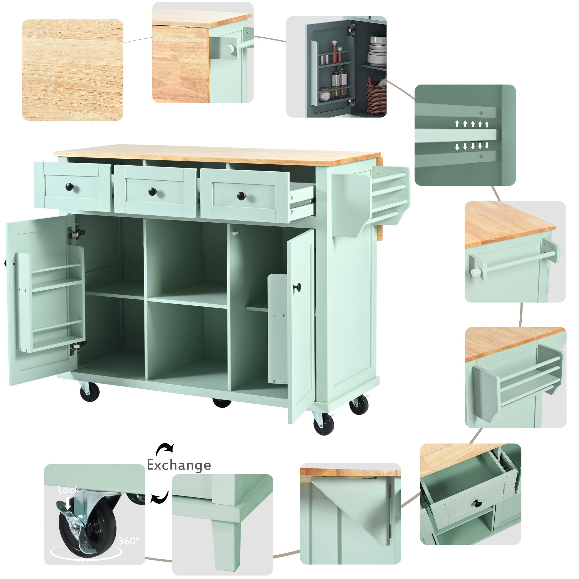 Mint Green Kitchen Trolley with Cabinet and 3 Dining Drawers