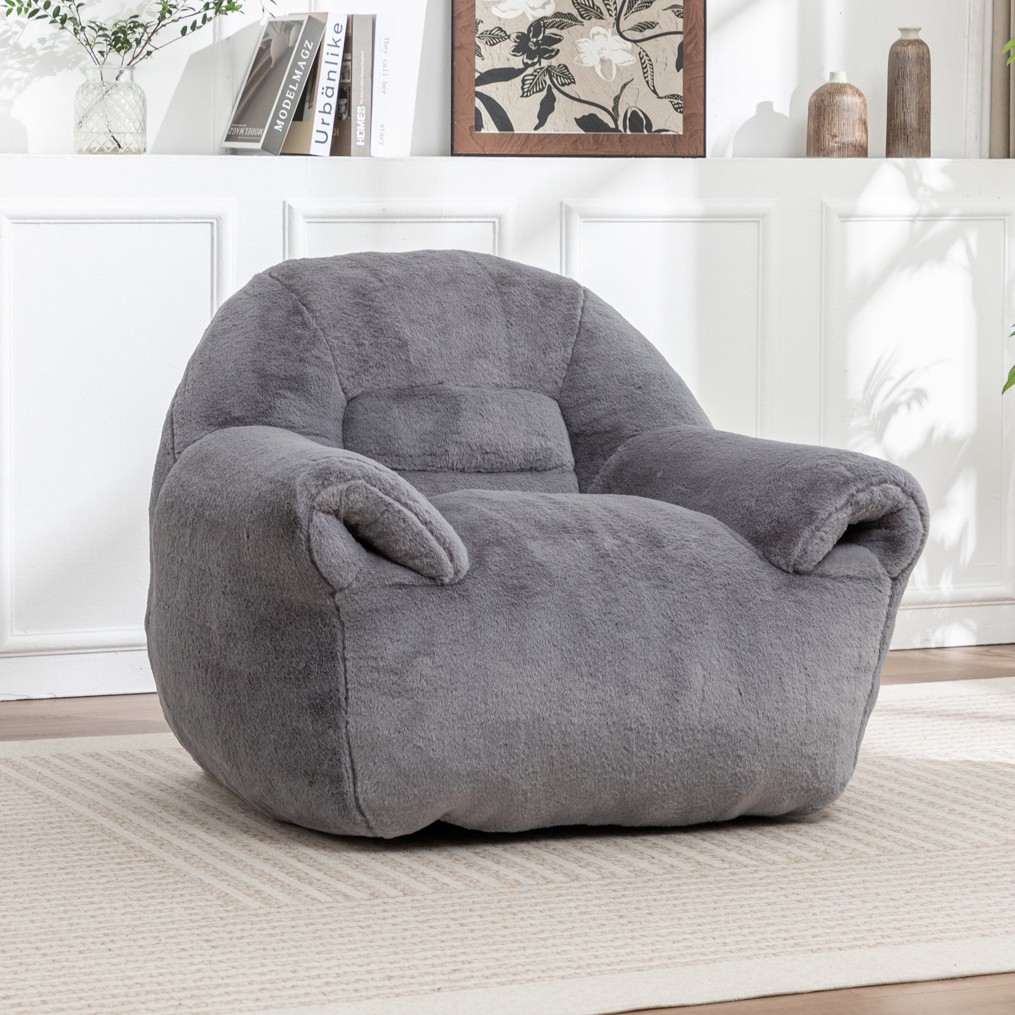 Grey Faux Fur Bean Bag Chair with Back Support for Adults & Kids