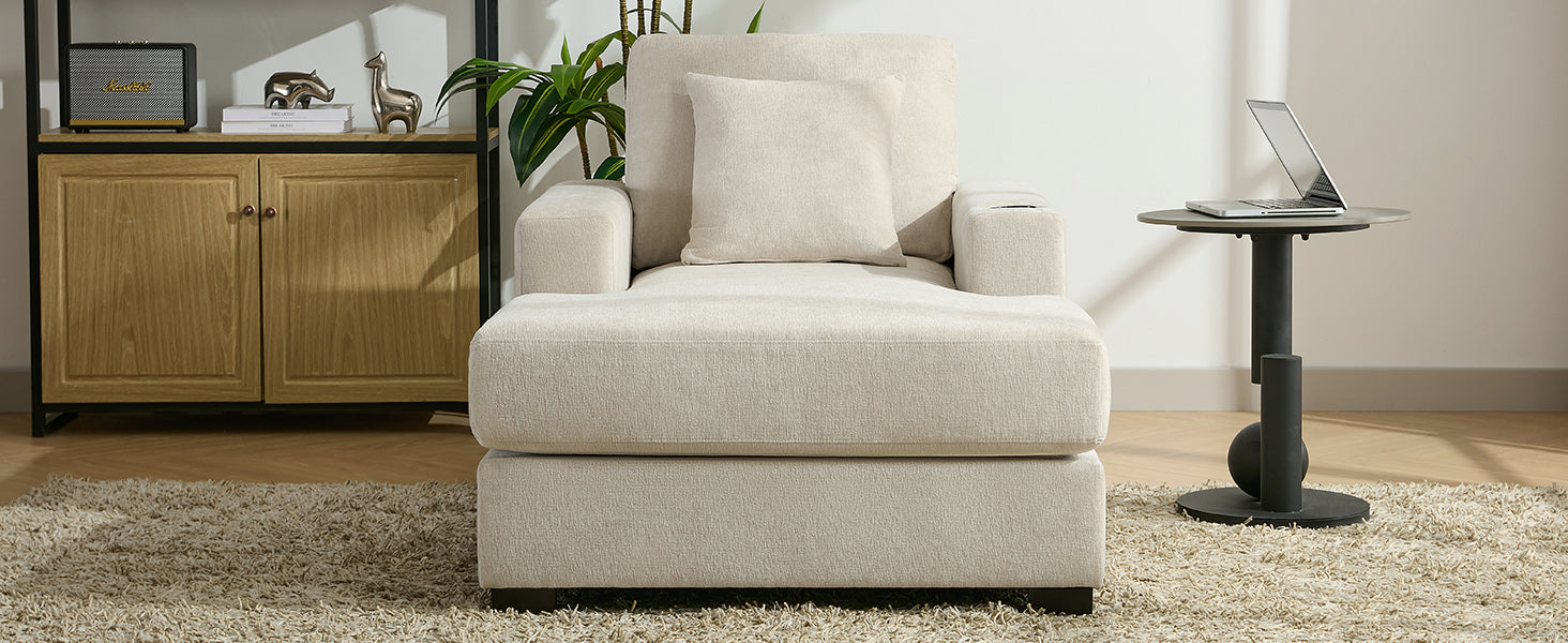 39.7" Oversized Chenille Chaise Lounger Sofa with Pillows & Cup Holders