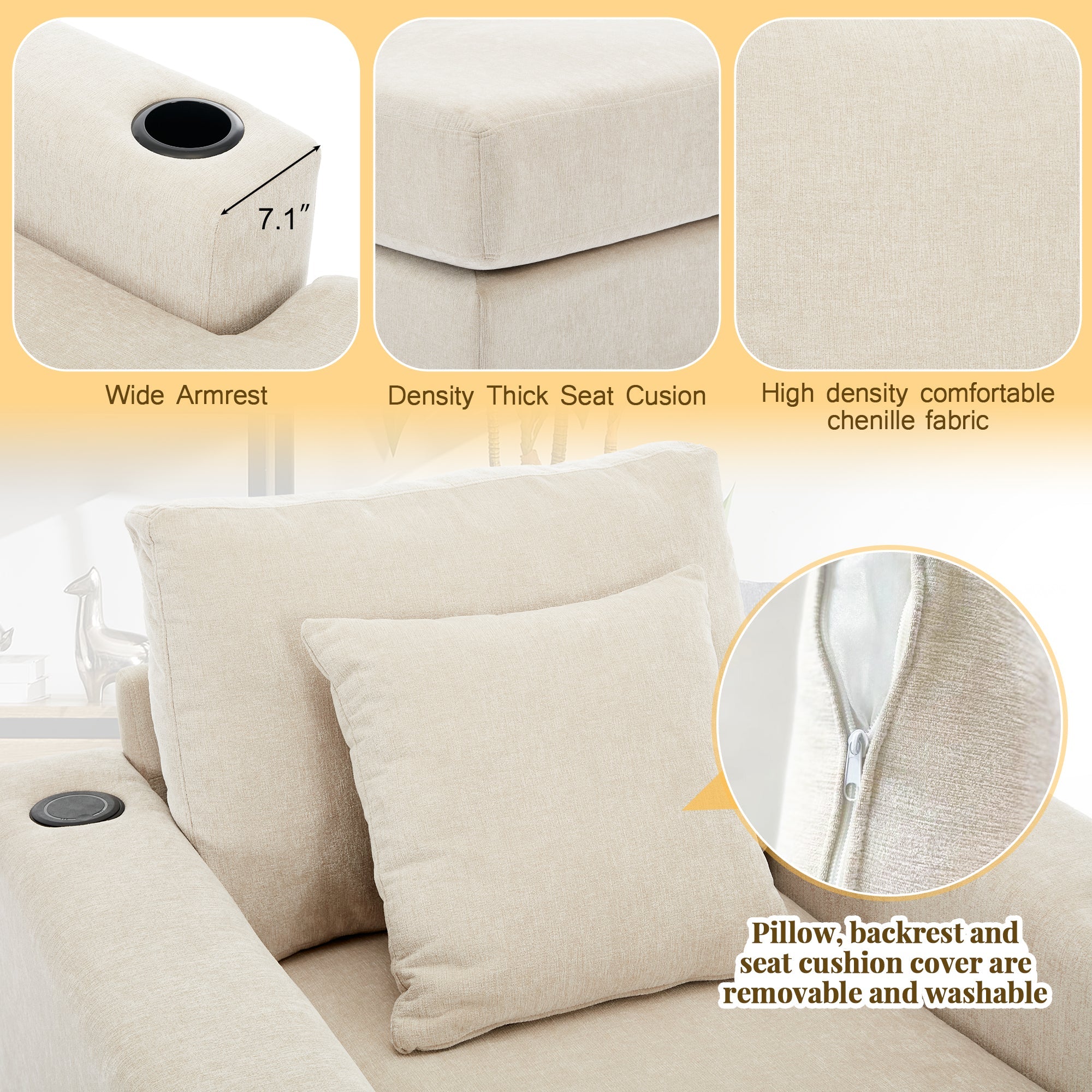 39.7" Oversized Chenille Chaise Lounger Sofa with Pillows & Cup Holders