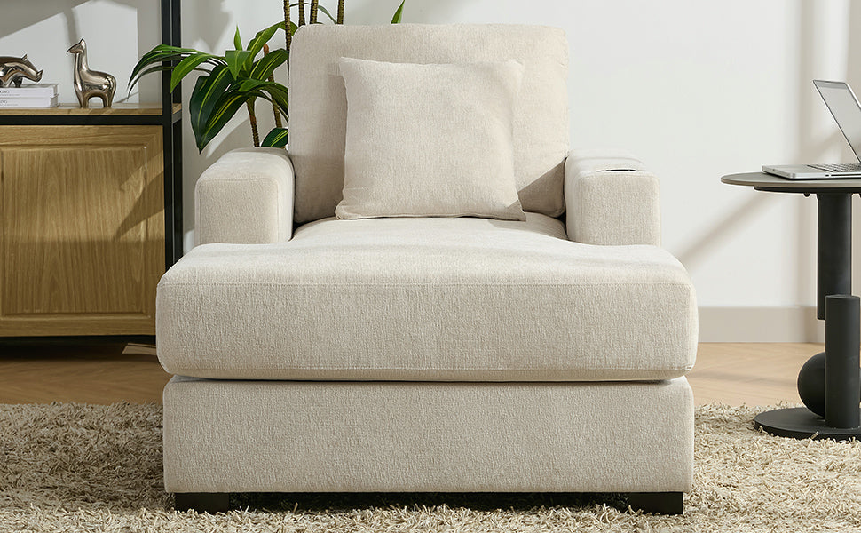 39.7" Oversized Chenille Chaise Lounger Sofa with Pillows & Cup Holders