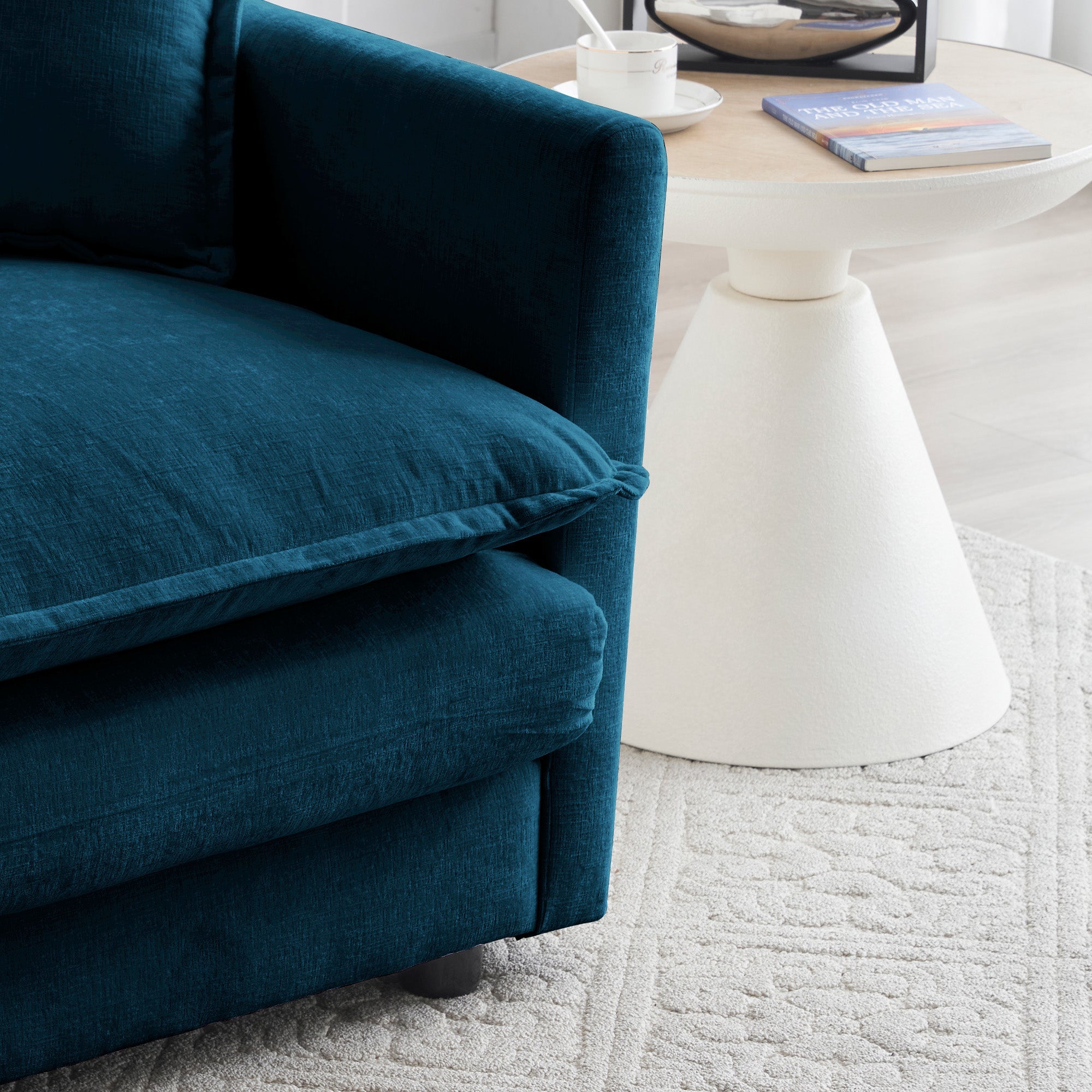 Blue L-Shaped Chenille 2-Seater Sofa with Ottoman and Foot Pedal