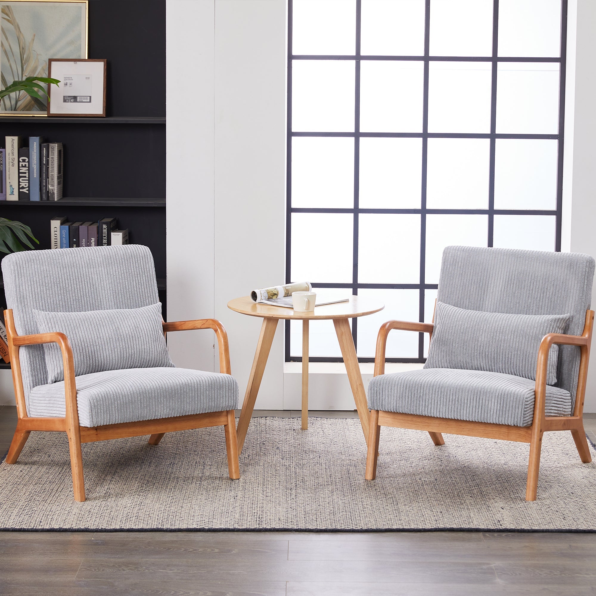 Mid-Century Modern Upholstered Arm Accent Chair with Pillow – Antique Dark Grey