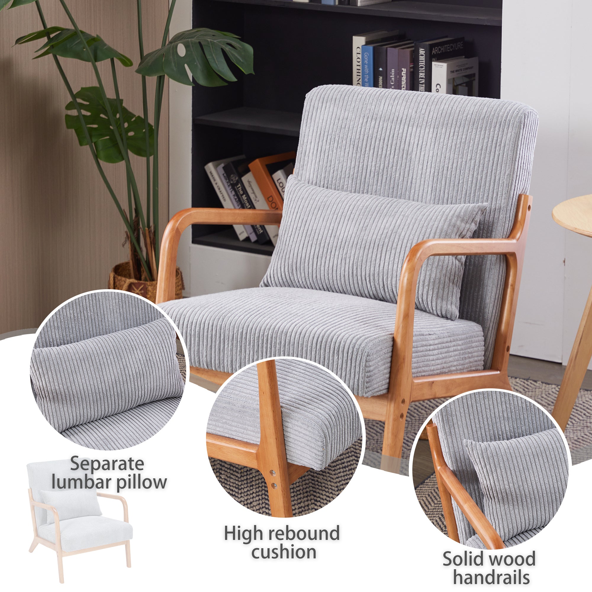 Mid-Century Modern Upholstered Arm Accent Chair with Pillow – Antique Dark Grey