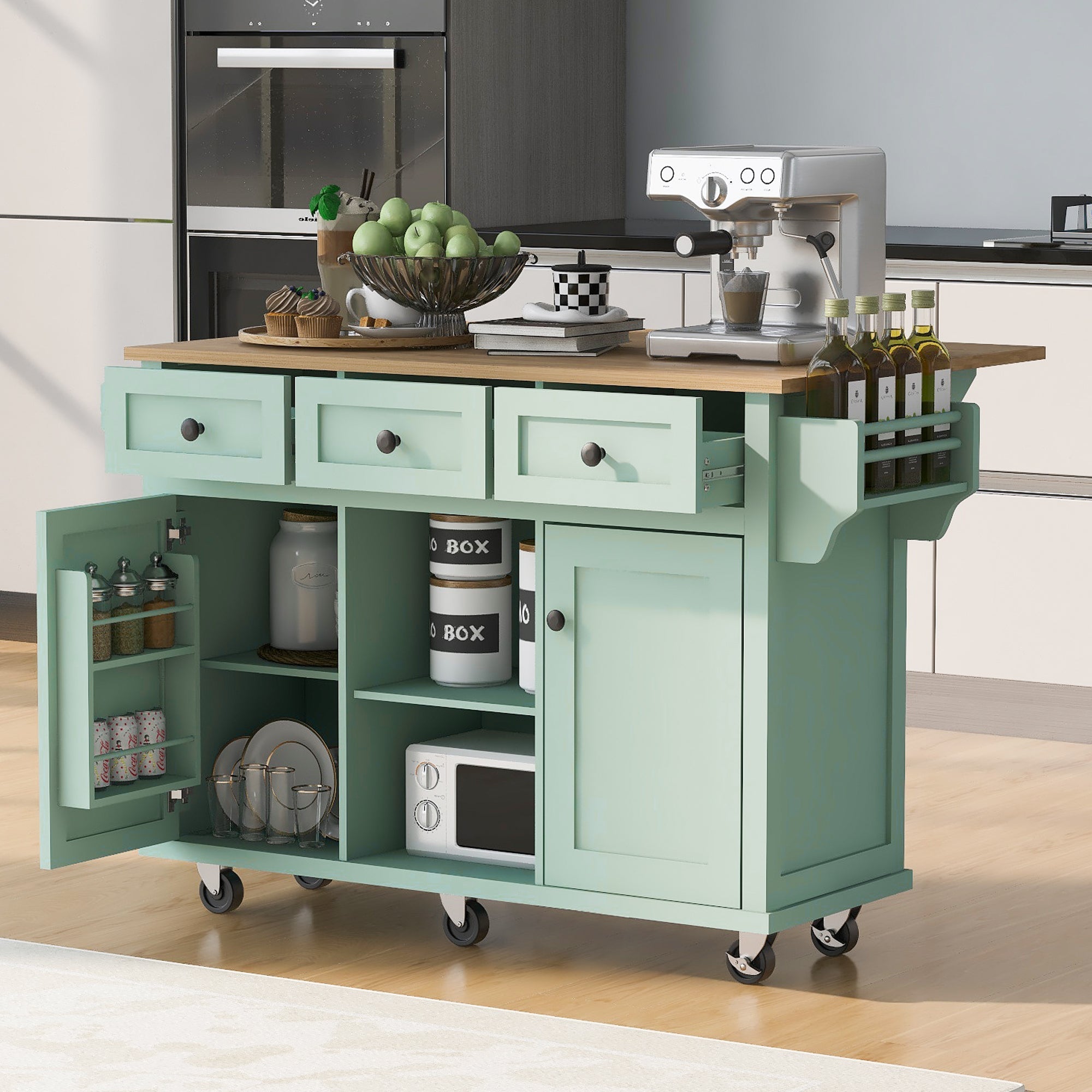 Mint Green Kitchen Trolley with Cabinet and 3 Dining Drawers