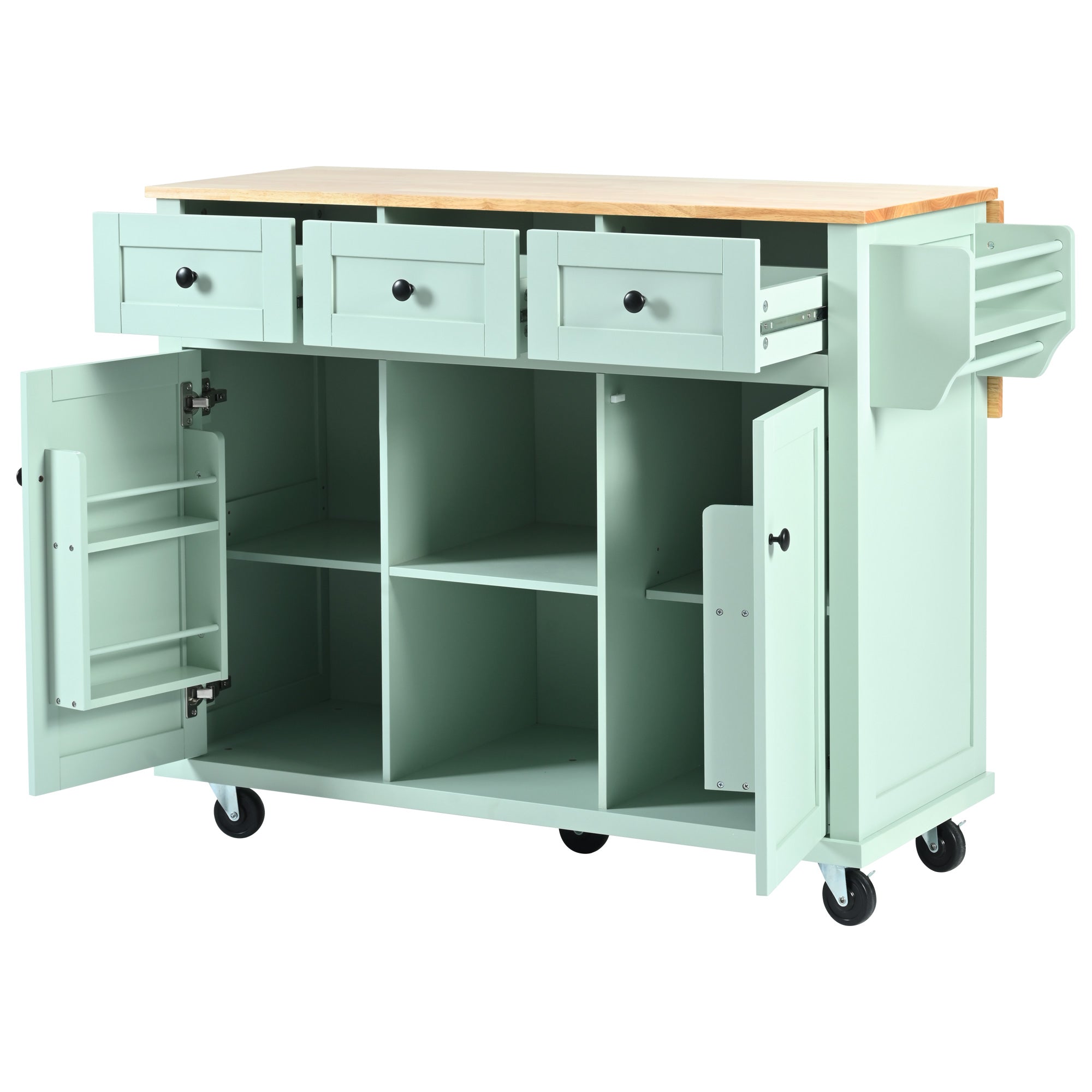 Mint Green Kitchen Trolley with Cabinet and 3 Dining Drawers