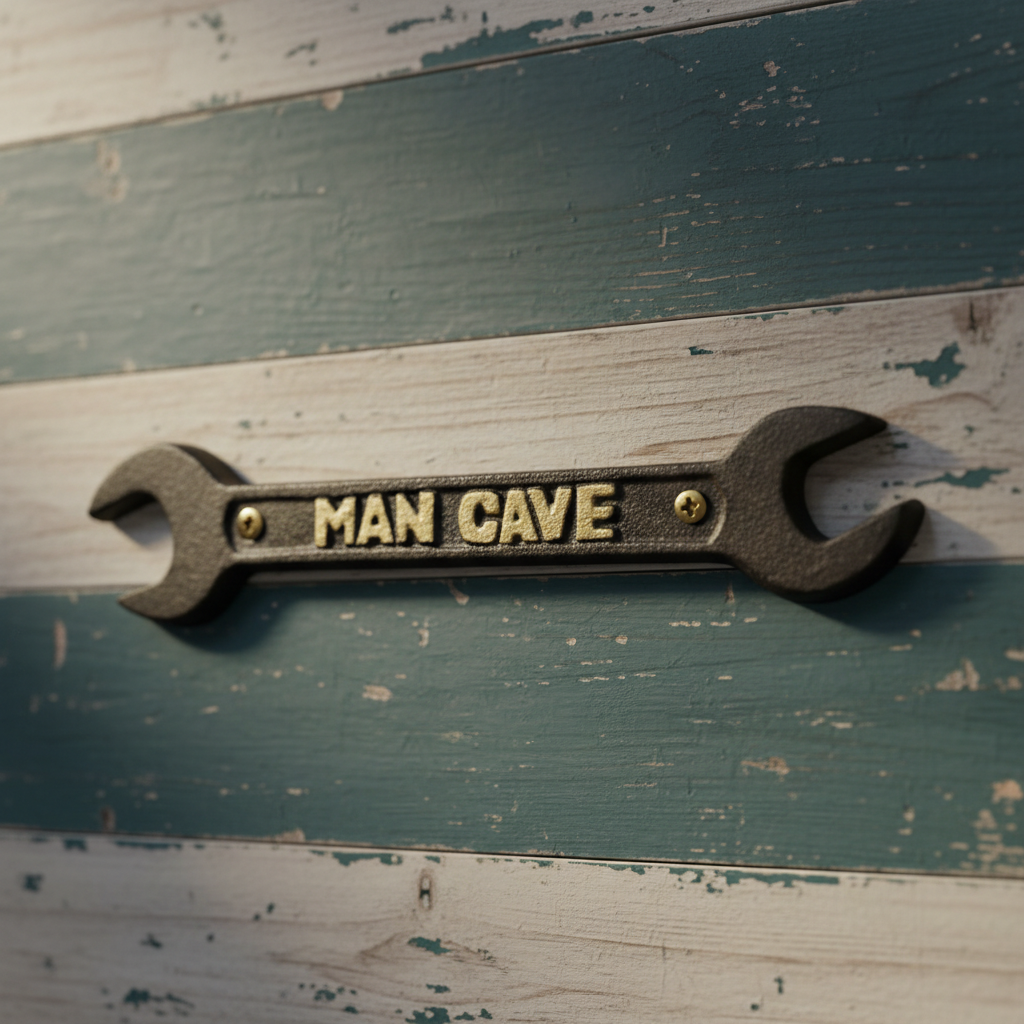 Cast Iron Spanner Wrench Man Cave Plaque, Rugged Industrial Decor
