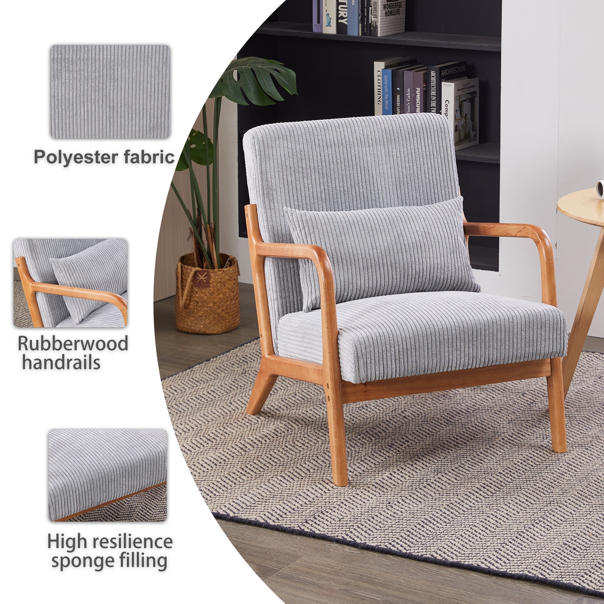 Mid-Century Modern Upholstered Arm Accent Chair with Pillow – Antique Dark Grey