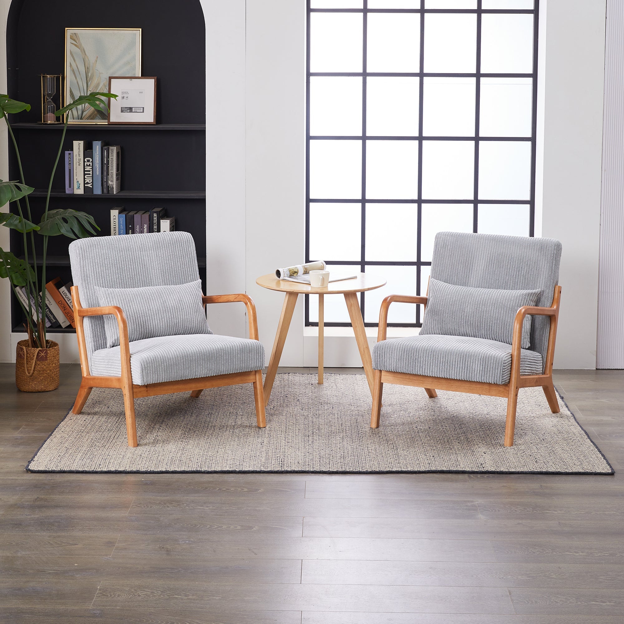 Mid-Century Modern Upholstered Arm Accent Chair with Pillow – Antique Dark Grey