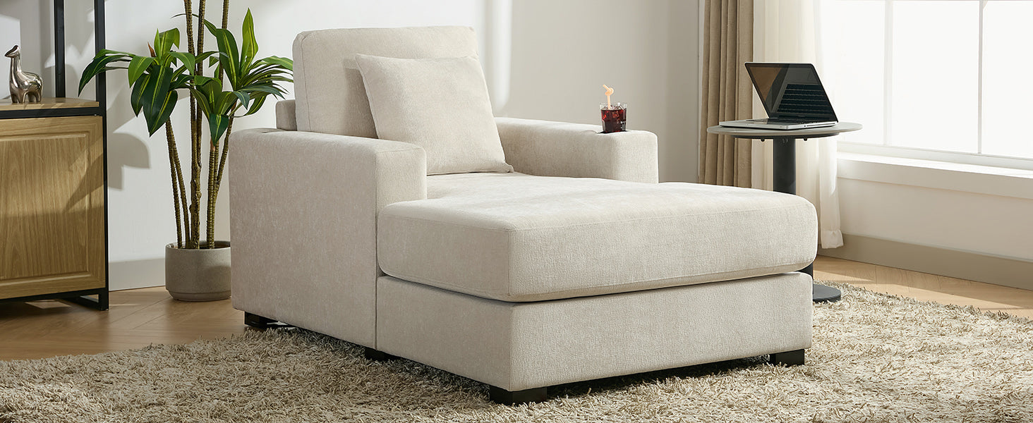 39.7" Oversized Chenille Chaise Lounger Sofa with Pillows & Cup Holders