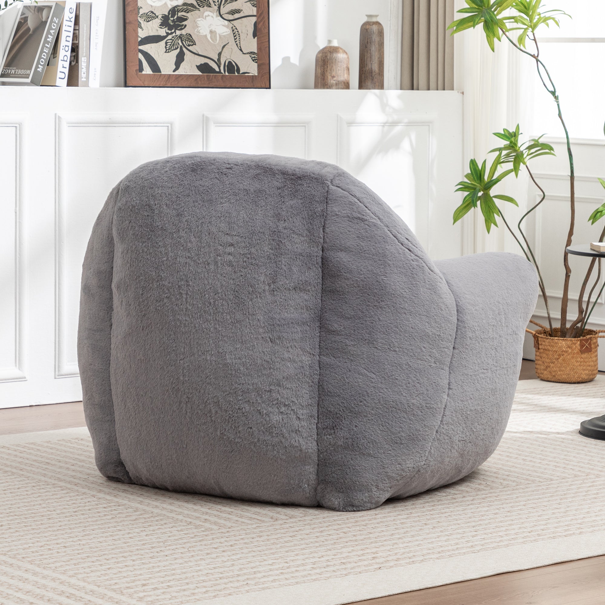 Grey Faux Fur Bean Bag Chair with Back Support for Adults & Kids