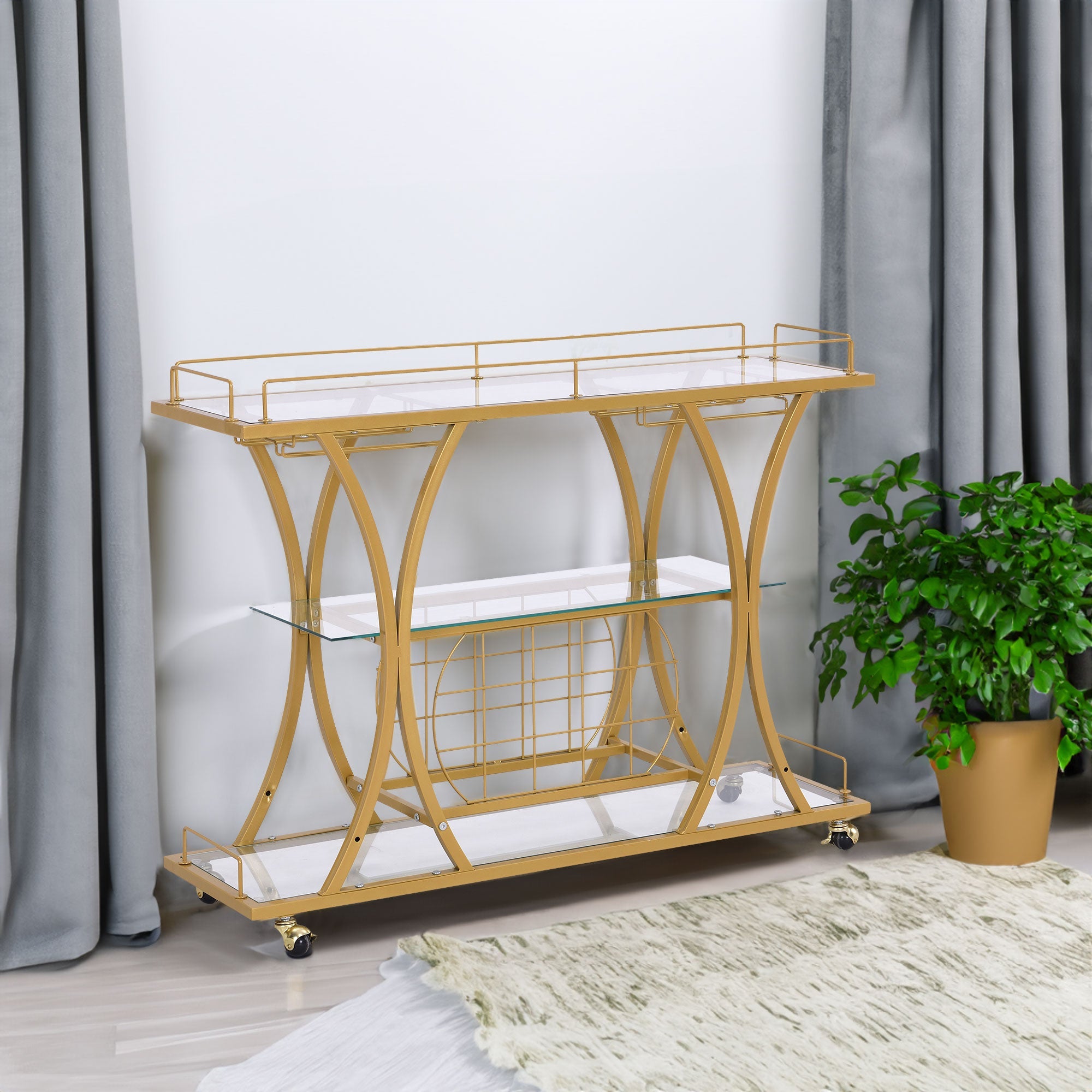 Golden Bar Cart with Wine Rack Tempered Glass Metal Frame