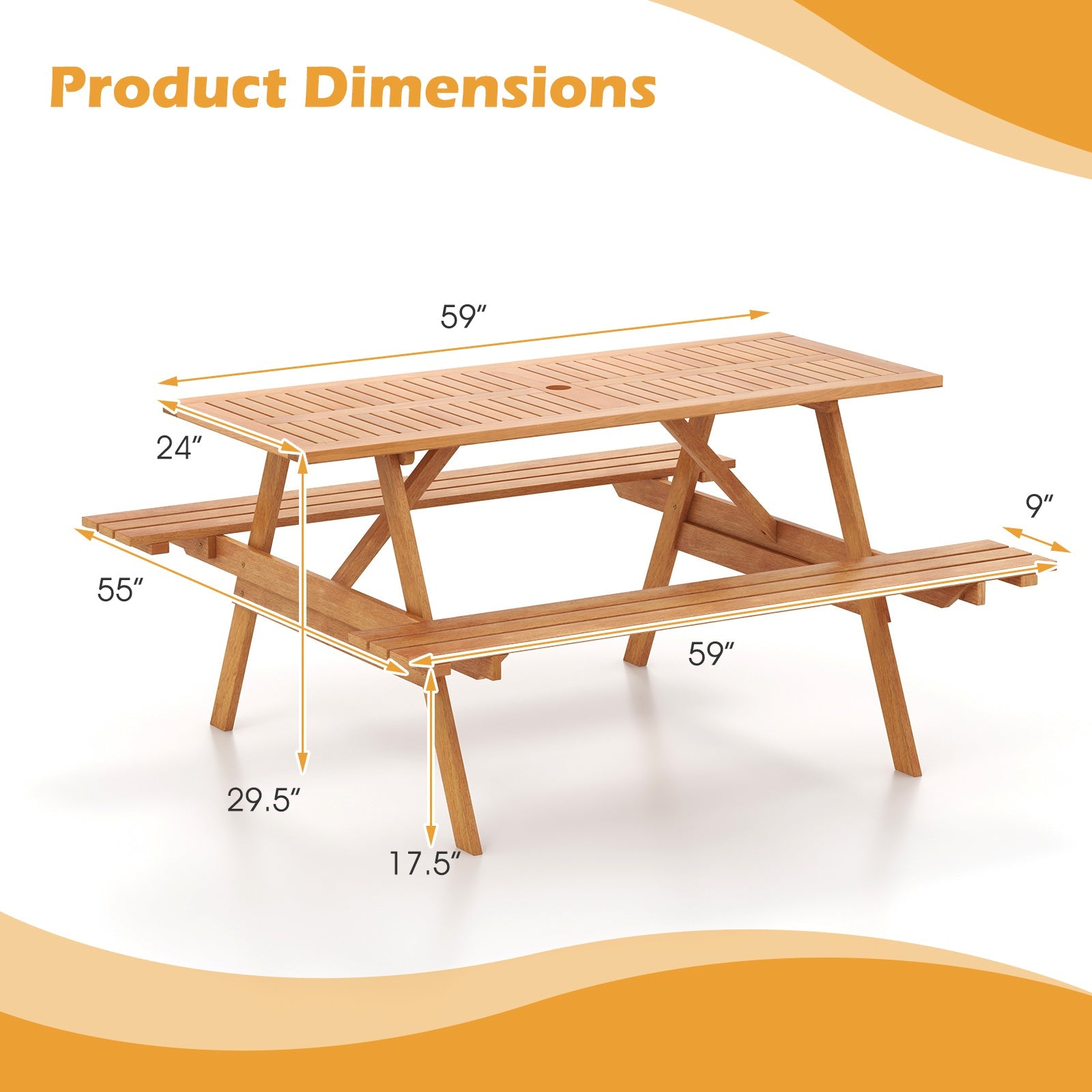 6 Person Picnic Table Set Patio Rectangle with 2 Built-in Benches and Umbrella Hole