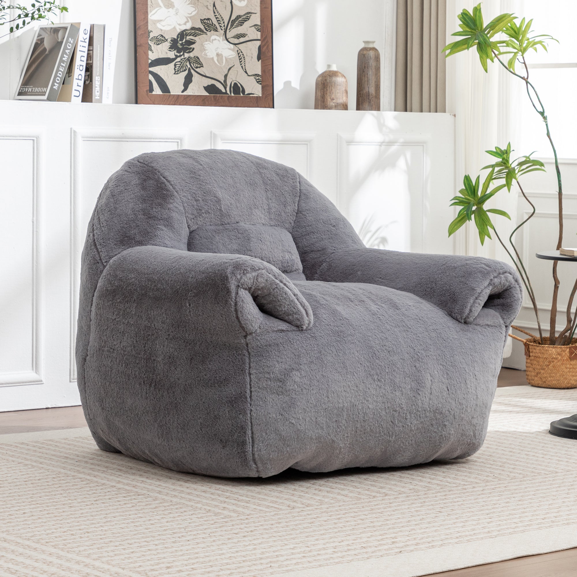 Grey Faux Fur Bean Bag Chair with Back Support for Adults & Kids