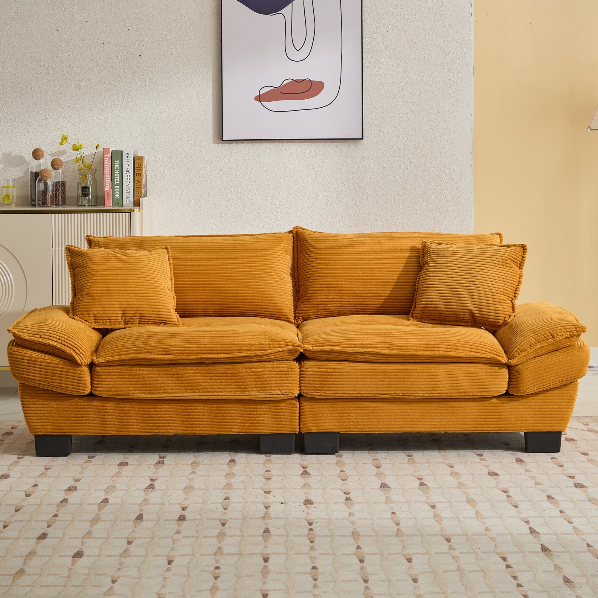 Yellow Corduroy Sofa Sleeper Loveseat with Pillows – Deep Seat
