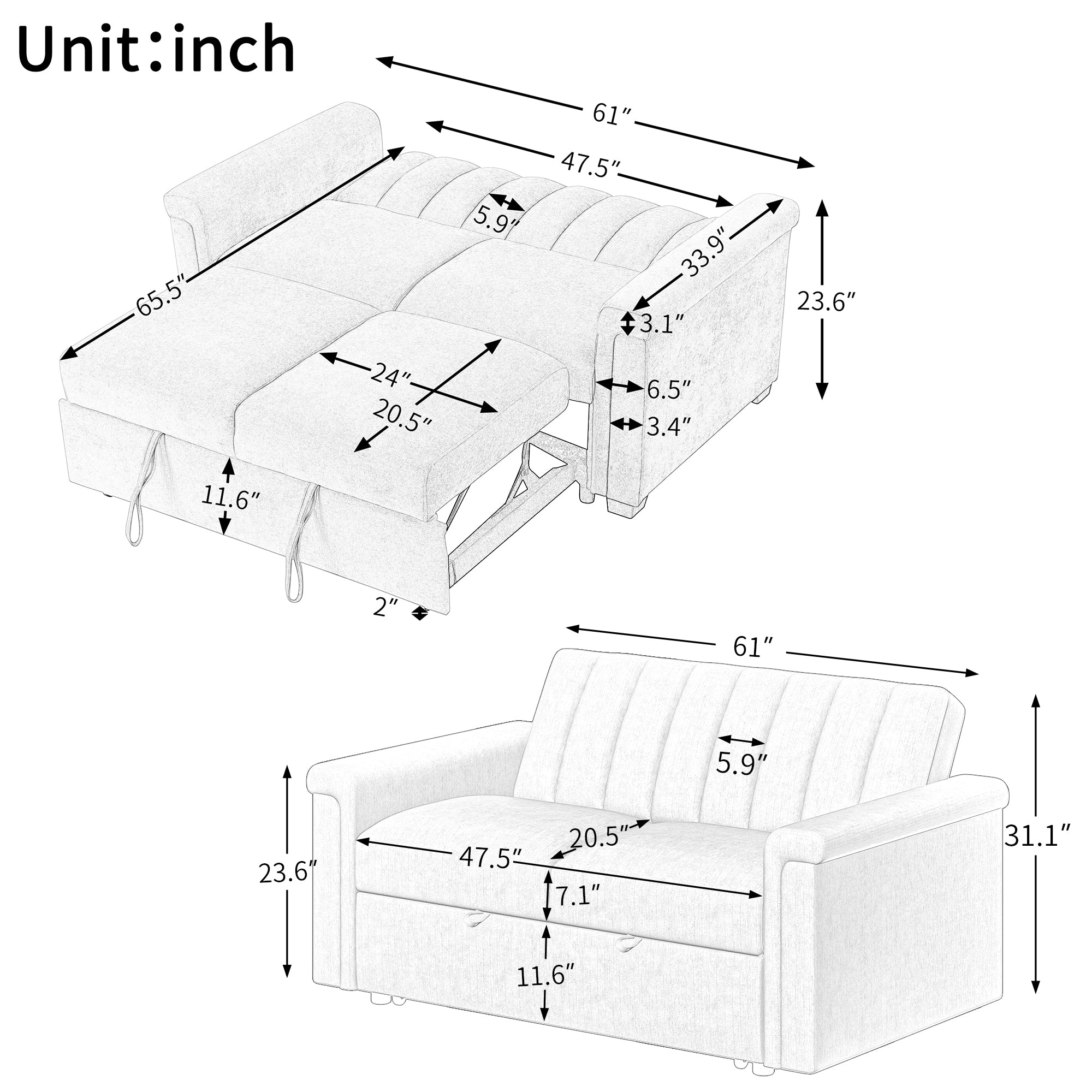 Convertible Soft Cushion Sofa Pull-Out Bed for Two