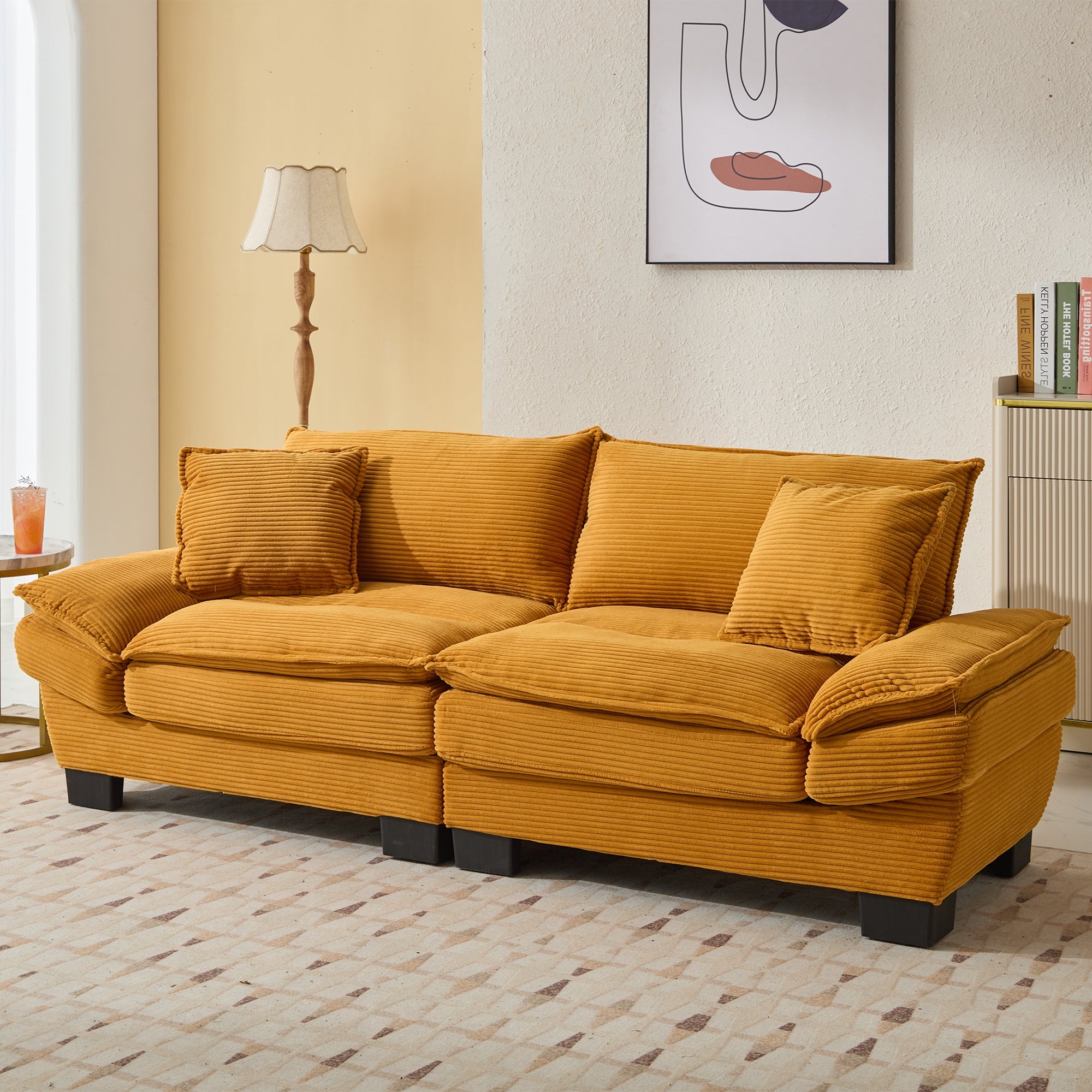 Yellow Corduroy Sofa Sleeper Loveseat with Pillows – Deep Seat