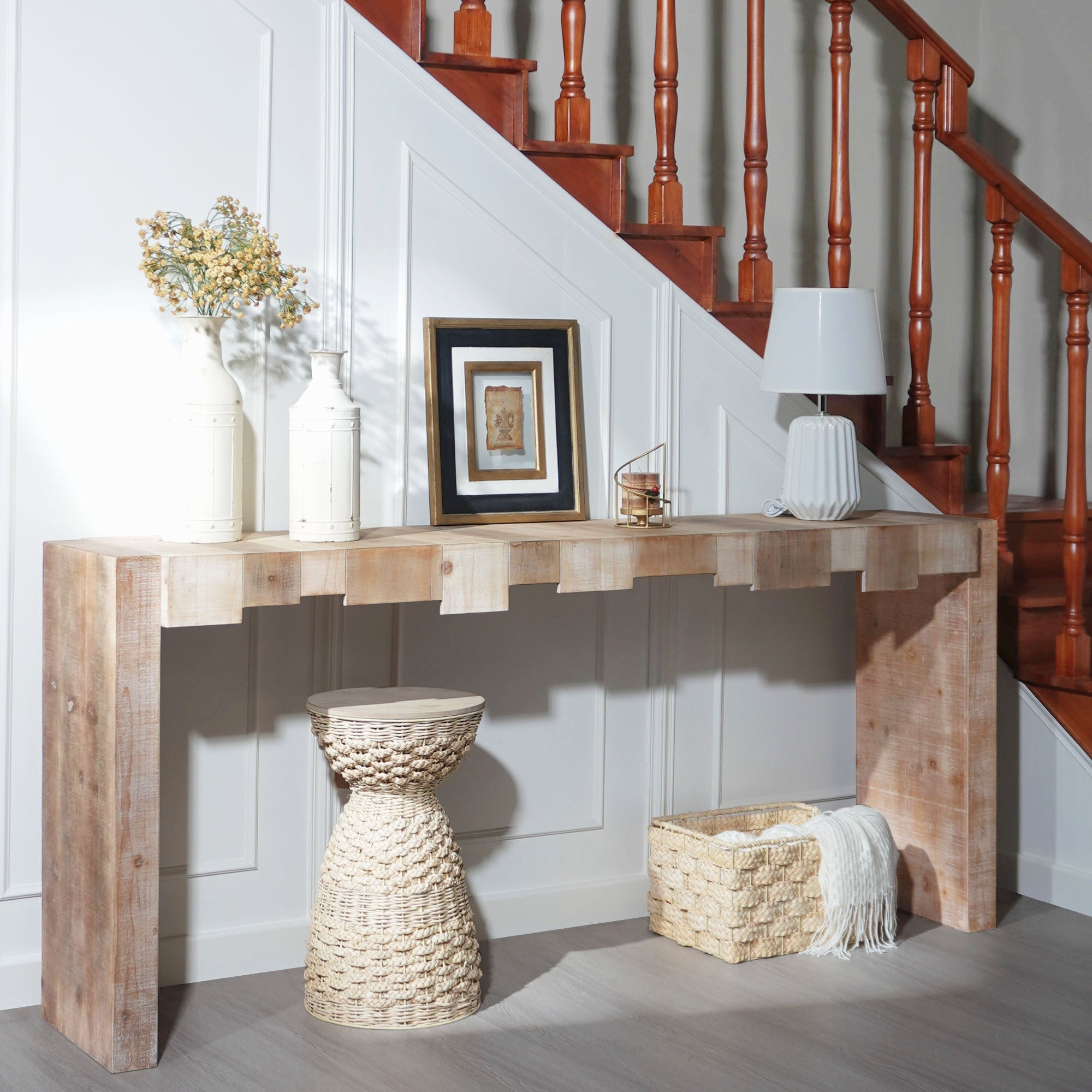 Modern Rustic Console Table, 71' Entryway Table with Sculpted Block Design, Narrow Sofa Table for Hallway, Living Room, Foyer