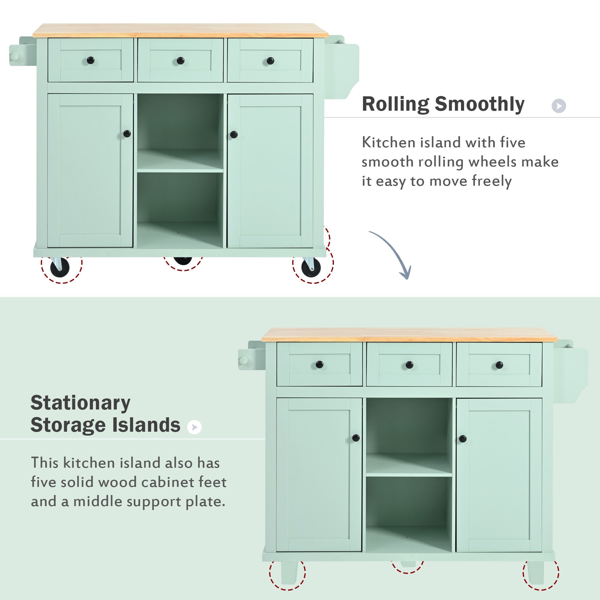 Mint Green Kitchen Trolley with Cabinet and 3 Dining Drawers