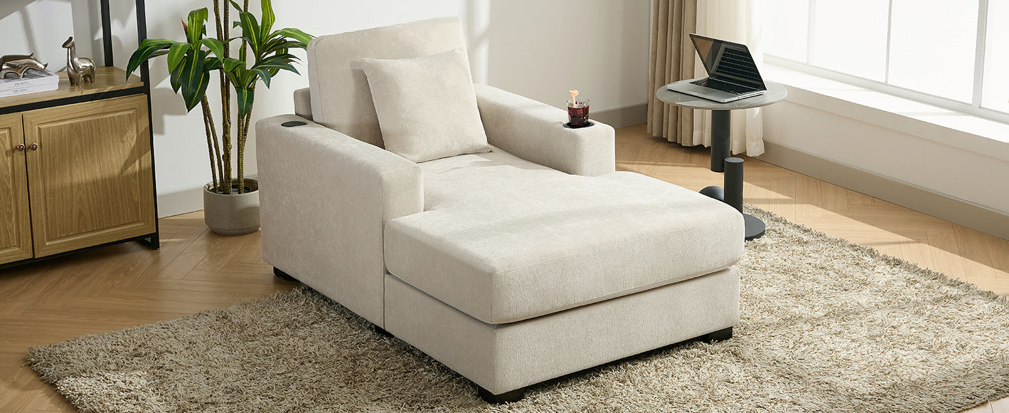 39.7" Oversized Chenille Chaise Lounger Sofa with Pillows & Cup Holders
