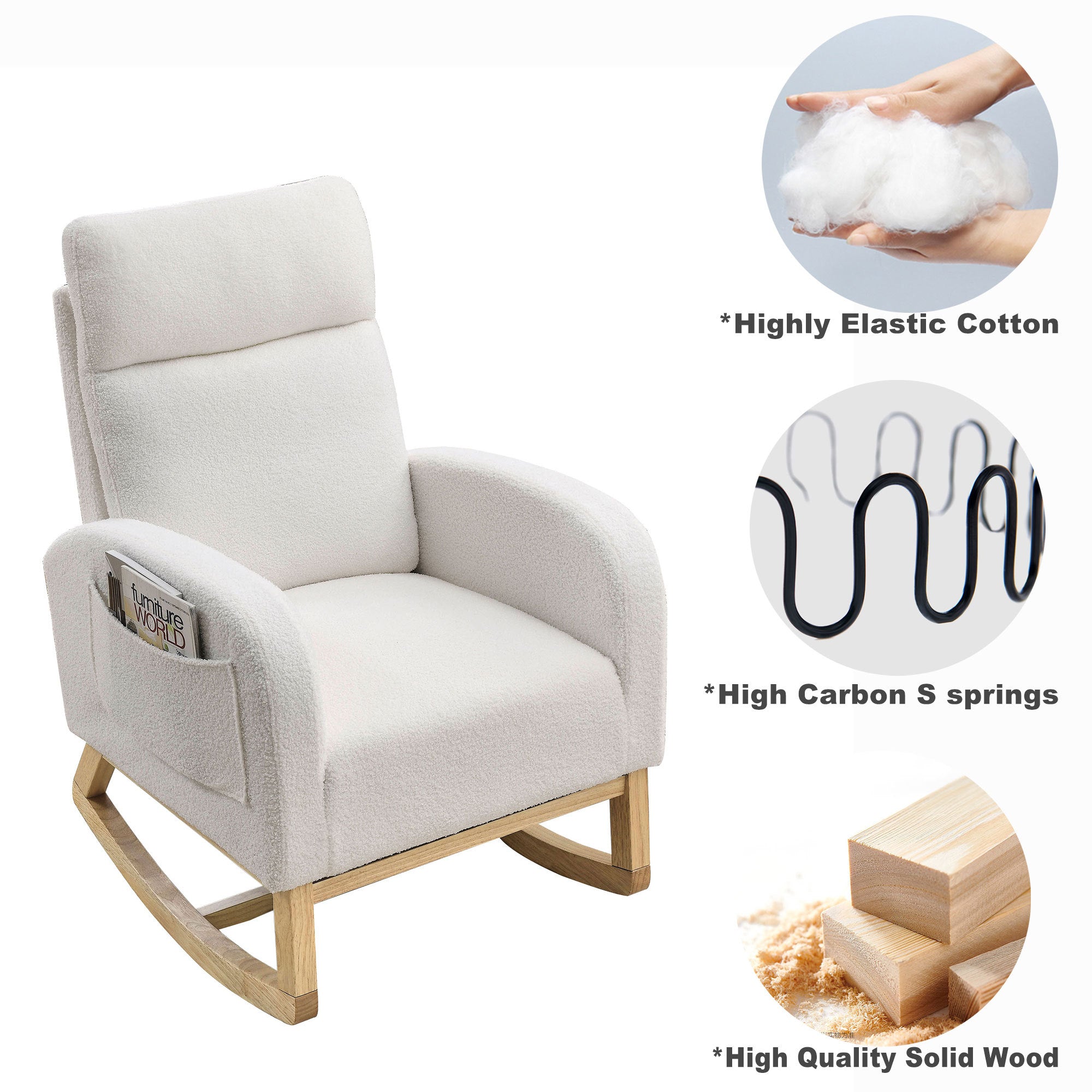 27.6" Modern High Back Teddy White Rocking Lounge Chair with Pockets
