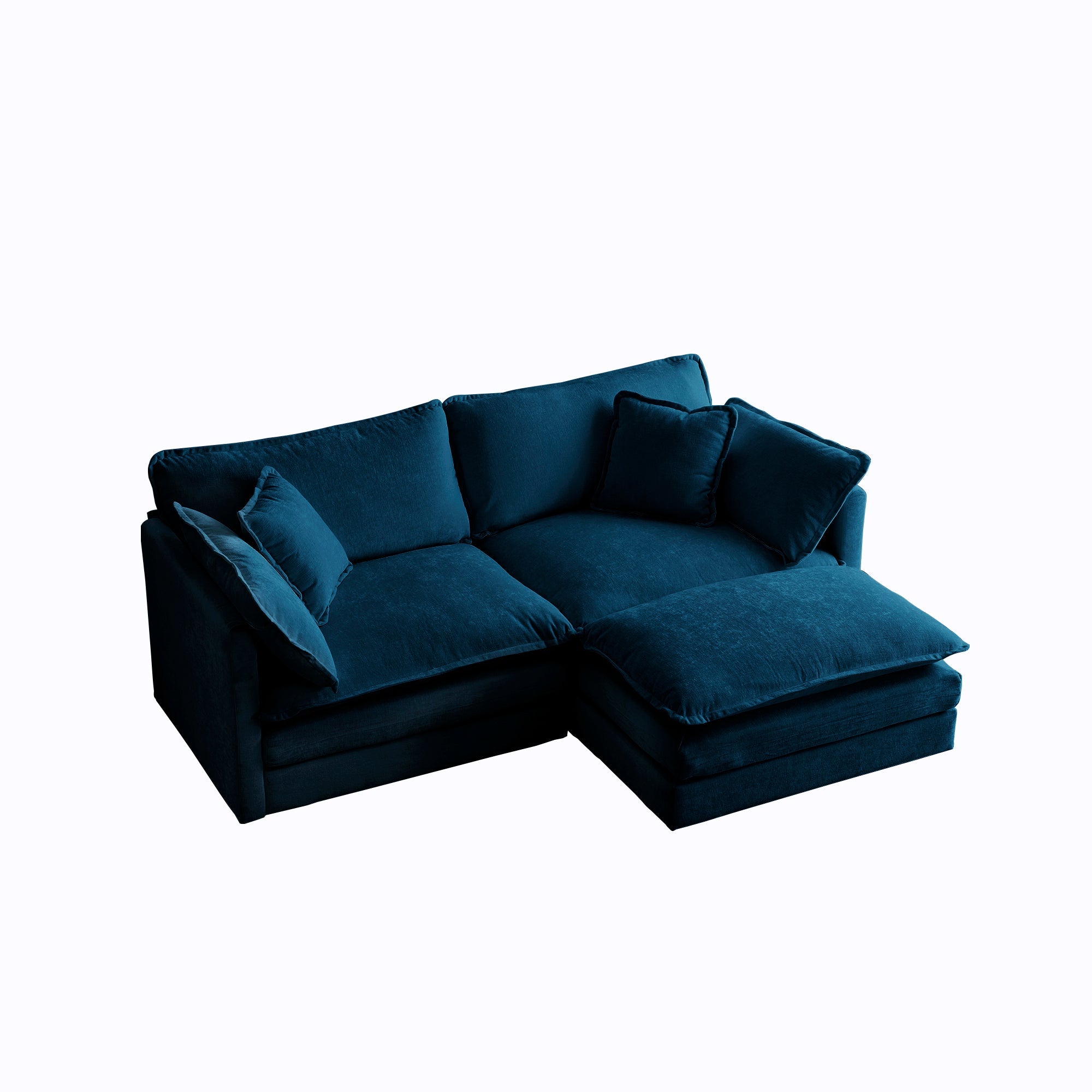 Blue L-Shaped Chenille 2-Seater Sofa with Ottoman and Foot Pedal