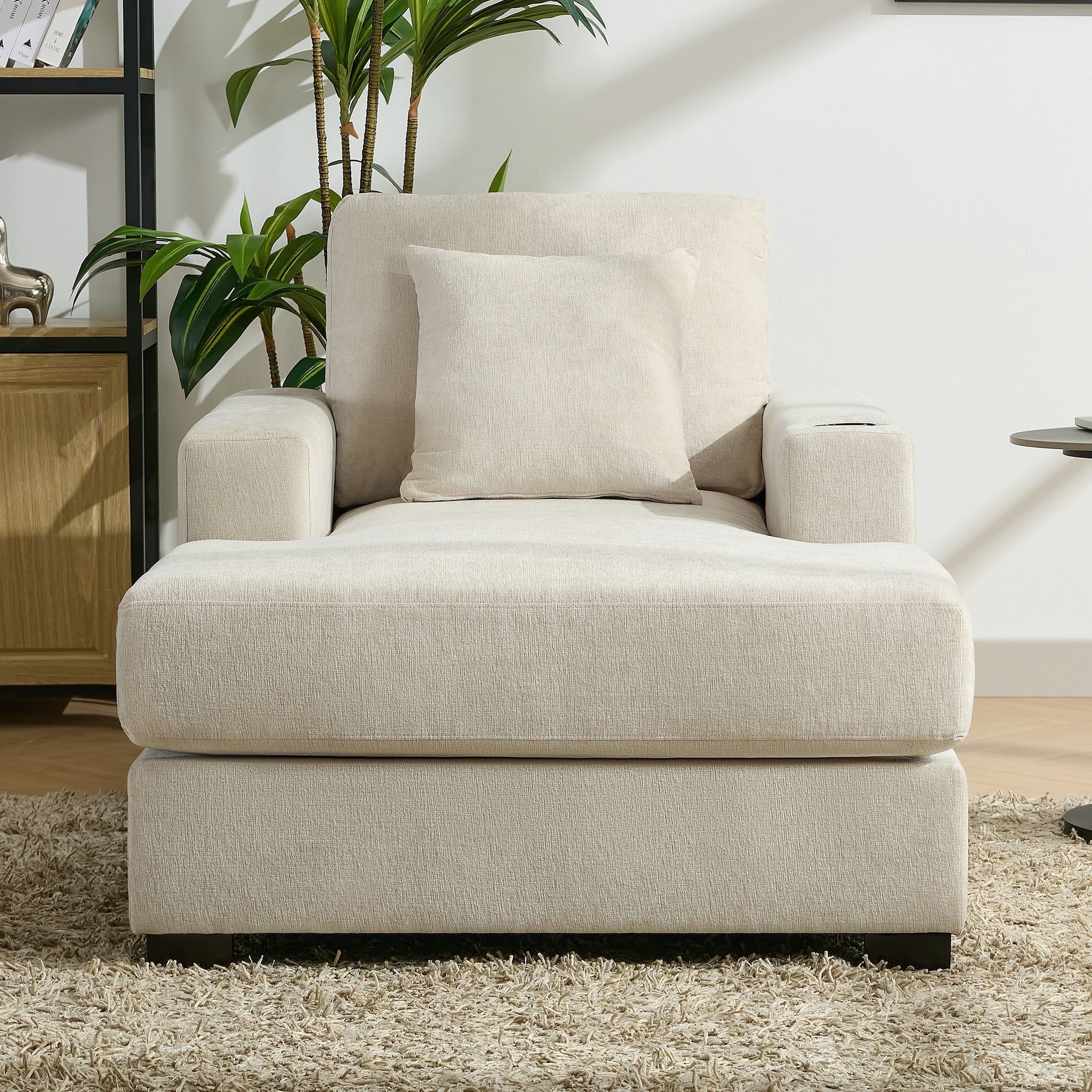39.7" Oversized Chenille Chaise Lounger Sofa with Pillows & Cup Holders