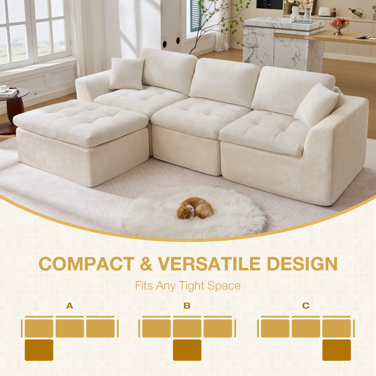 110' Cloud Sectional Couch for Living Room, Upholstered L-Shape Modular Sofa with Movable Ottoman, 3-Seater Deep-Seat Foam Couch, Comfortable Convertible Sectional for Home & Apartment
