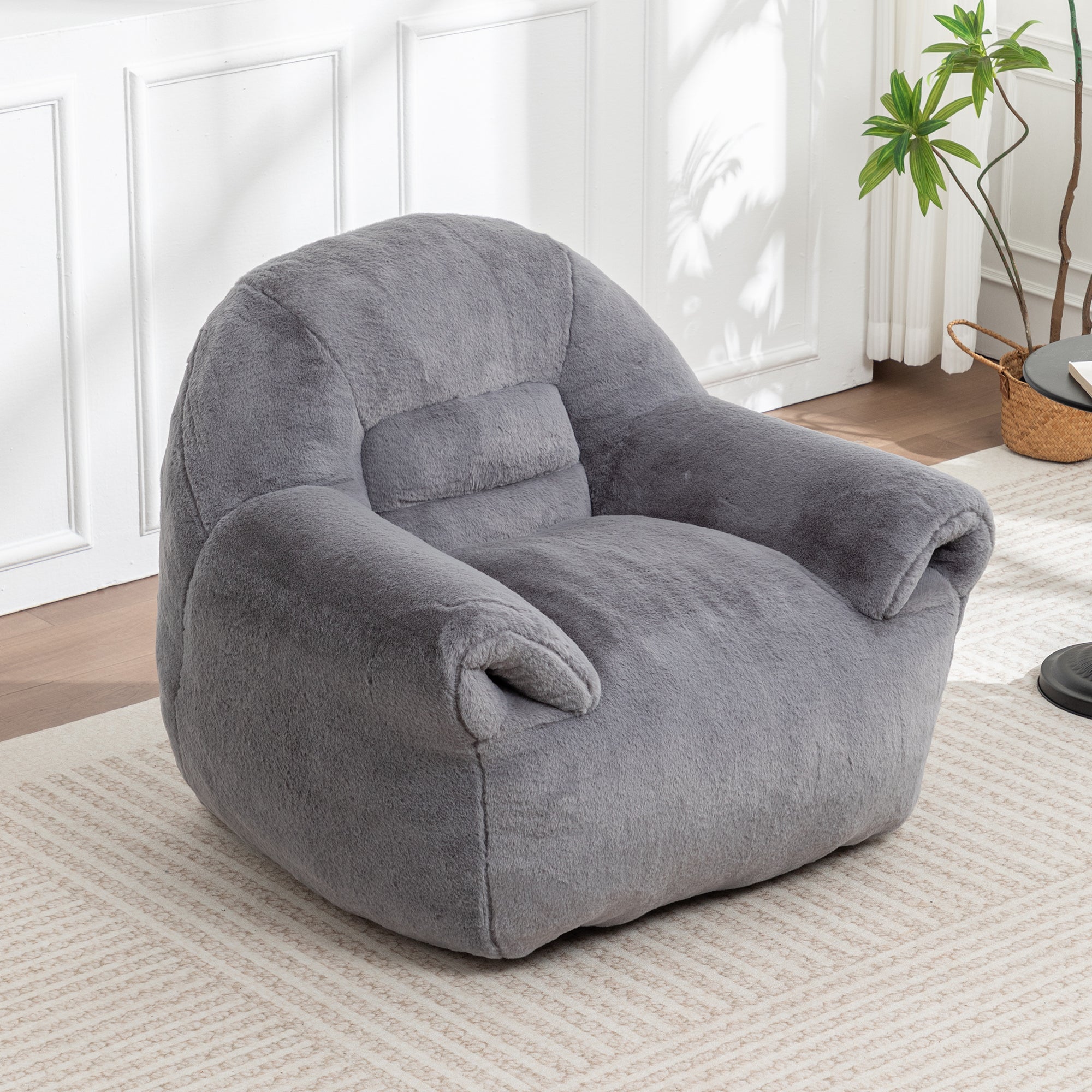 Grey Faux Fur Bean Bag Chair with Back Support for Adults & Kids