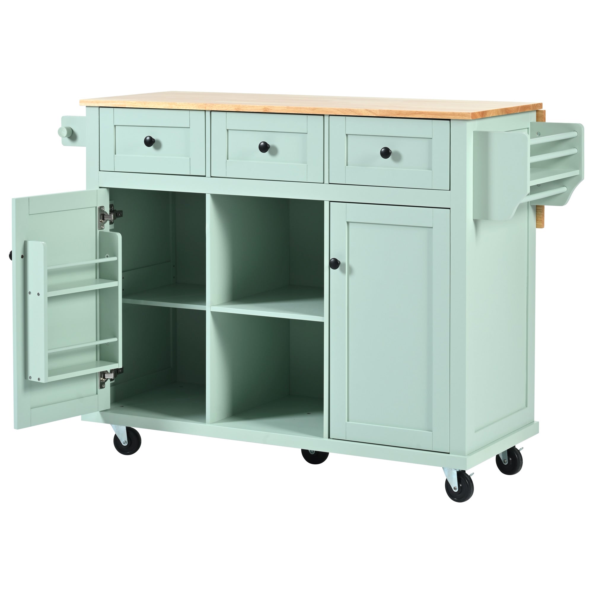 Mint Green Kitchen Trolley with Cabinet and 3 Dining Drawers
