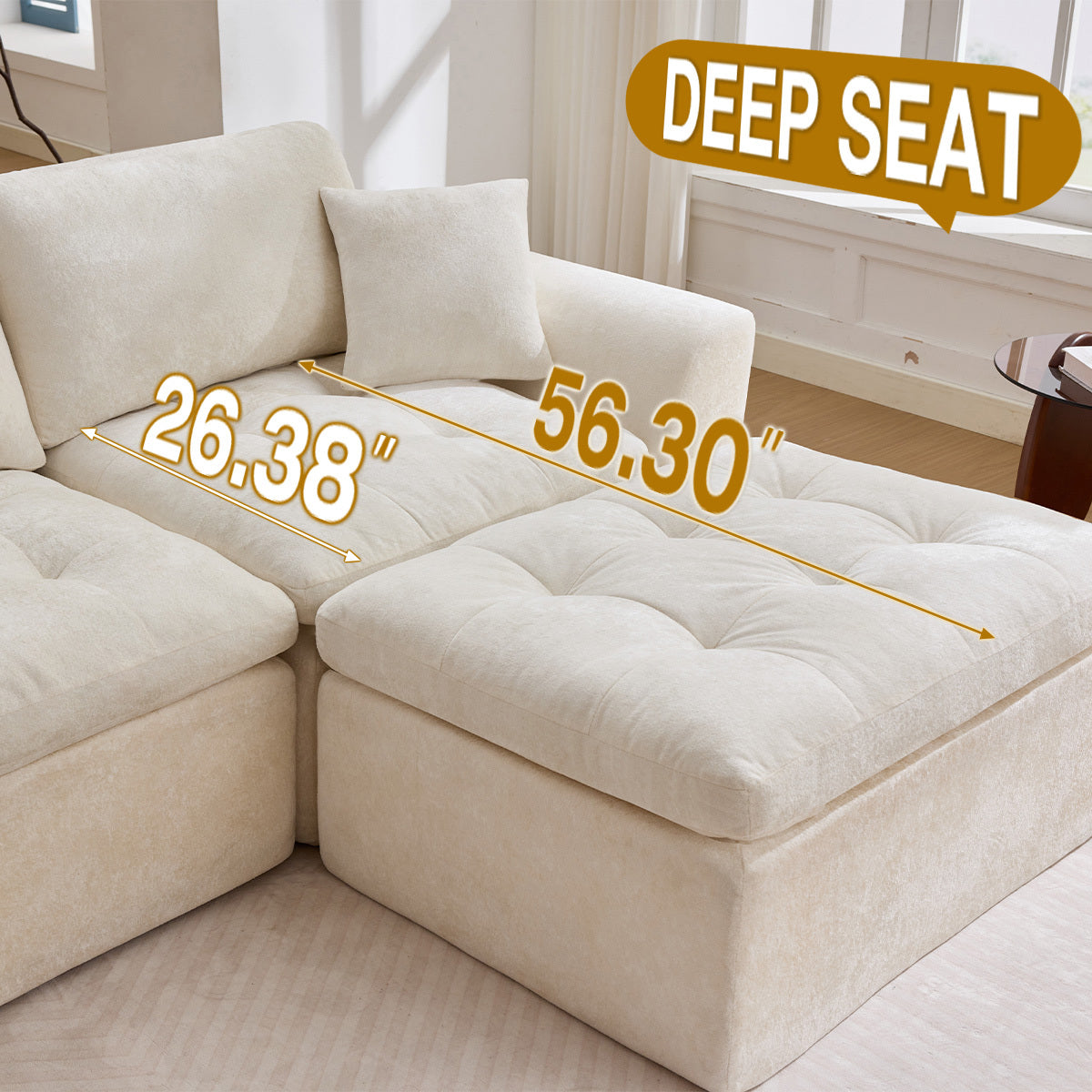 110' Cloud Sectional Couch for Living Room, Upholstered L-Shape Modular Sofa with Movable Ottoman, 3-Seater Deep-Seat Foam Couch, Comfortable Convertible Sectional for Home & Apartment