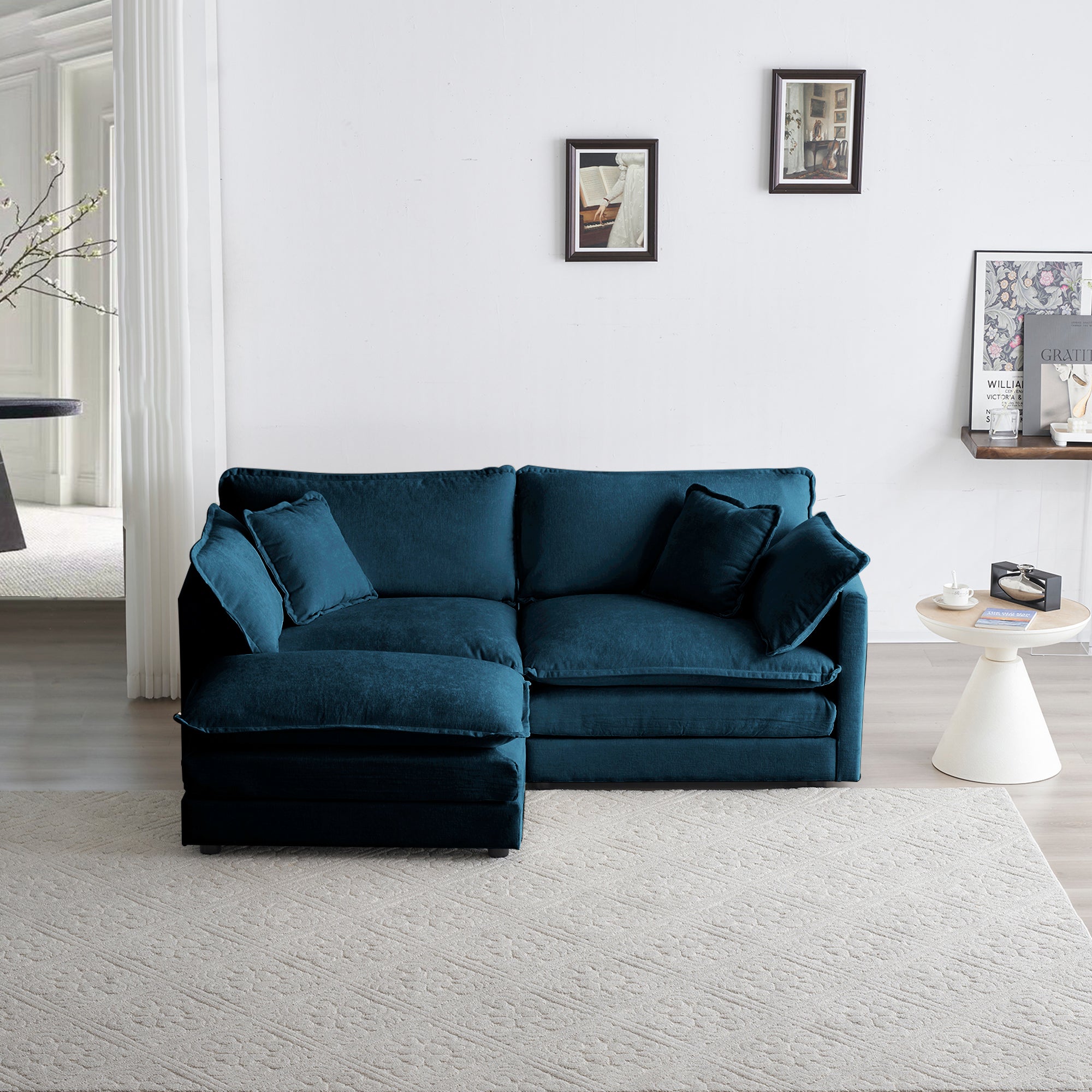 Blue L-Shaped Chenille 2-Seater Sofa with Ottoman and Foot Pedal