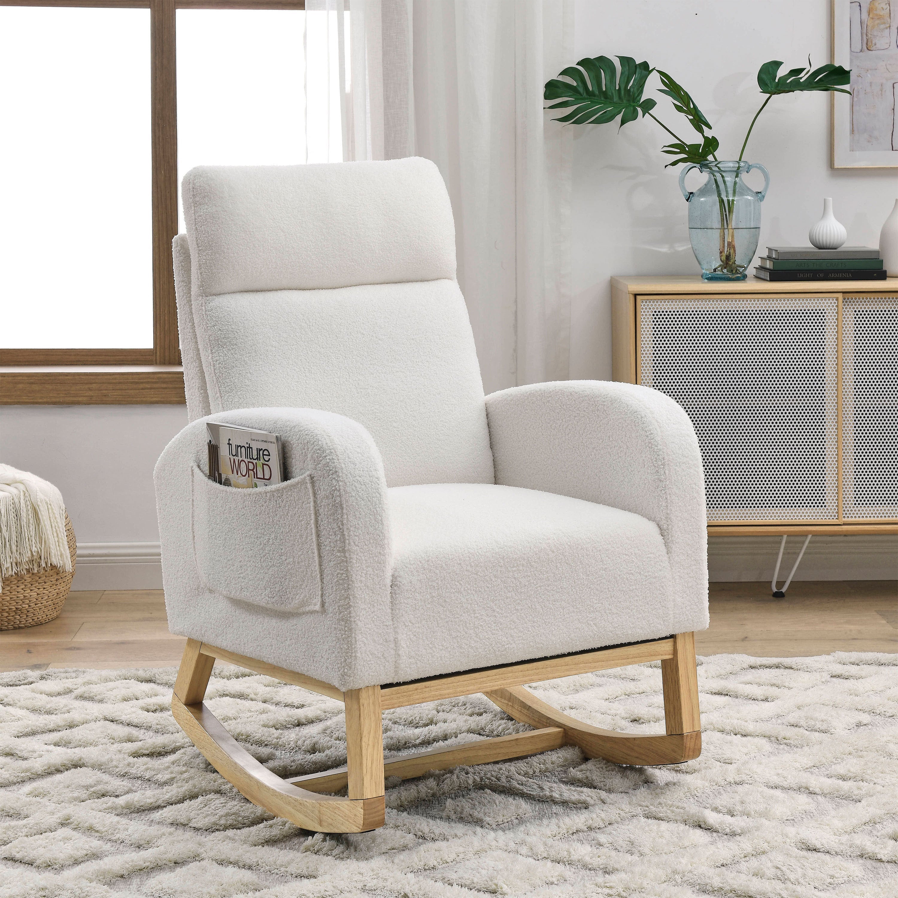 27.6" Modern High Back Teddy White Rocking Lounge Chair with Pockets