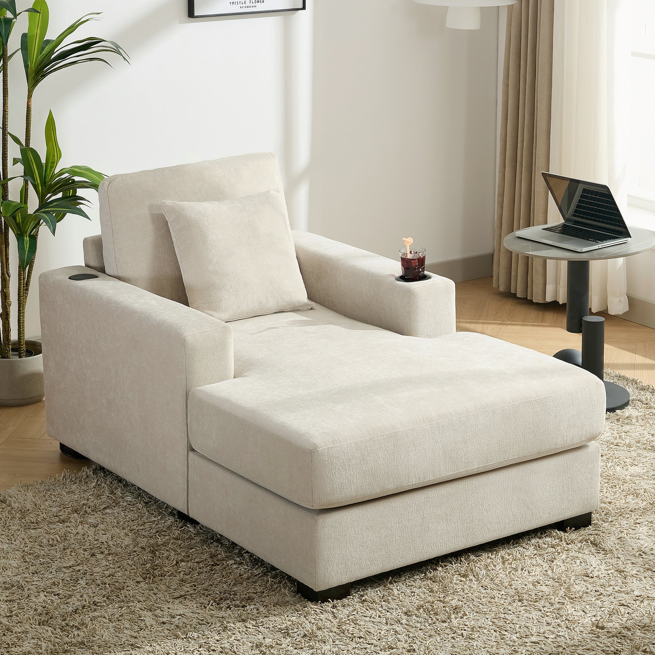 39.7" Oversized Chenille Chaise Lounger Sofa with Pillows & Cup Holders