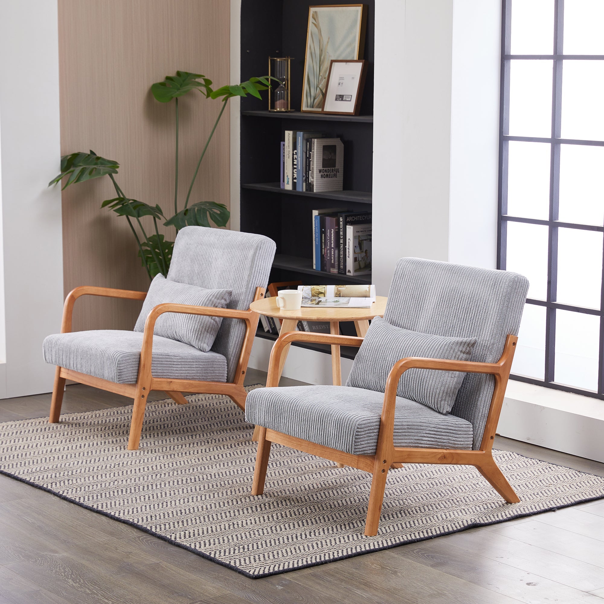 Mid-Century Modern Upholstered Arm Accent Chair with Pillow – Antique Dark Grey